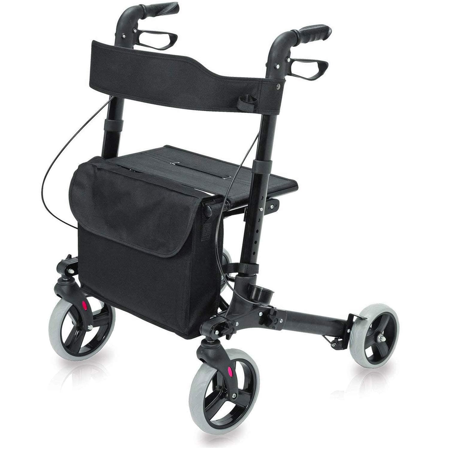 HealthSmartWalker Rollator with Seat and Backrest, Adjustable Handle Height, FSA HSA Eligible, Storage Bag and A Durable Lightweight Frame That Easily Folds While Supporting Up to 300 pounds, Black