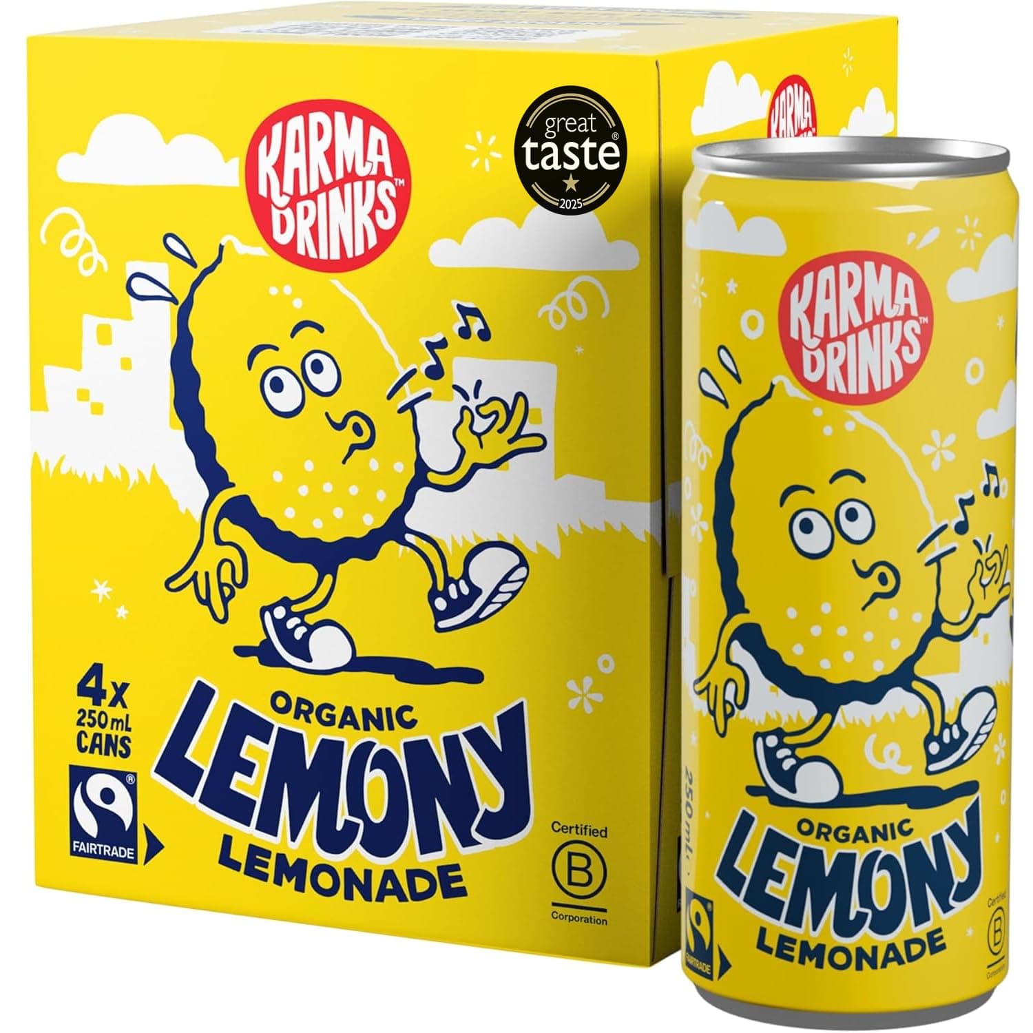 Karma Drinks Lemony Lemonade - 4 x 250ml Cans - Natural Fizzy Soft Drinks, Fairtrade, Organic & Vegan