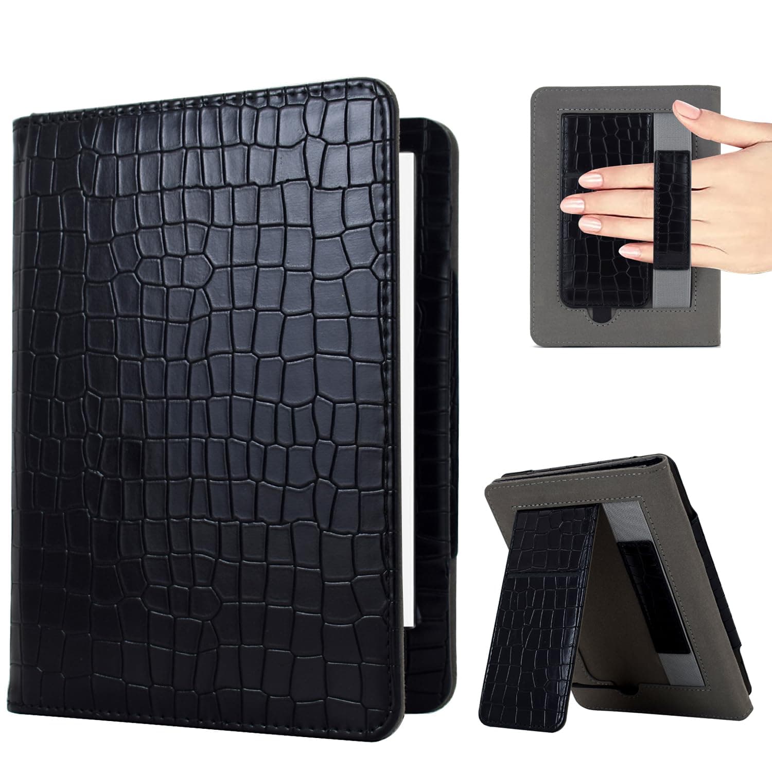 KEROM Case for 6" Kindle Paperwhite (10th/7th/6th/5th Generation, 2012-2018 Release), Premium PU Leather Stand Cover Case with Hand Strap, Card Slot, and Auto Sleep/Wake - Crocodile Print