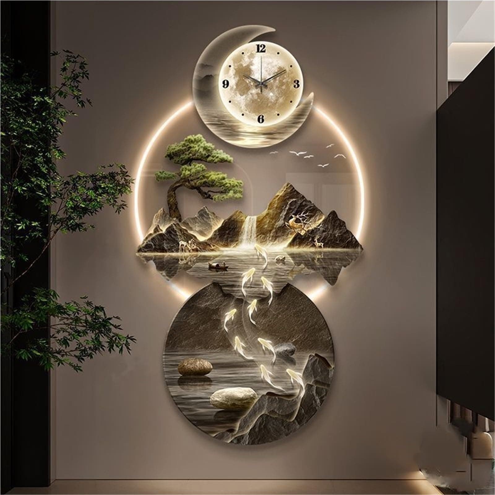 Modern 3D Wall Art Sculpture with LED Light, Plug-in Clock Home Decor, UV Engraved Wall Hanging for Bedroom, Living Room, Apartment(A,23.6"x47.2")