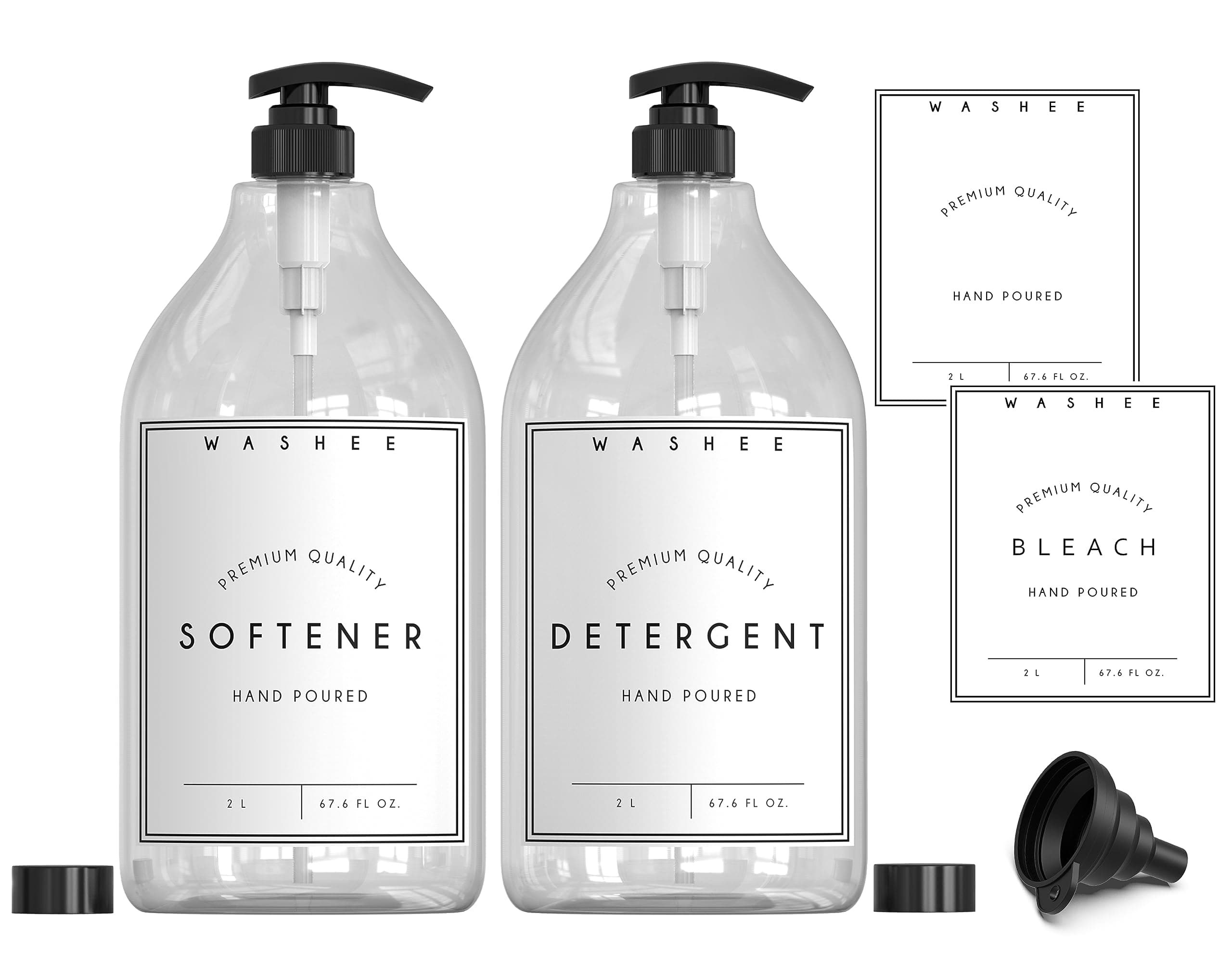 Liquid Laundry Detergent Dispenser Set - Laundry Detergent Holder & Softener Dispenser (67.6 oz) - 2 Thick Plastic Liquid Dispensers for Laundry Organization with Pumps, Caps, Labels - WASHEE