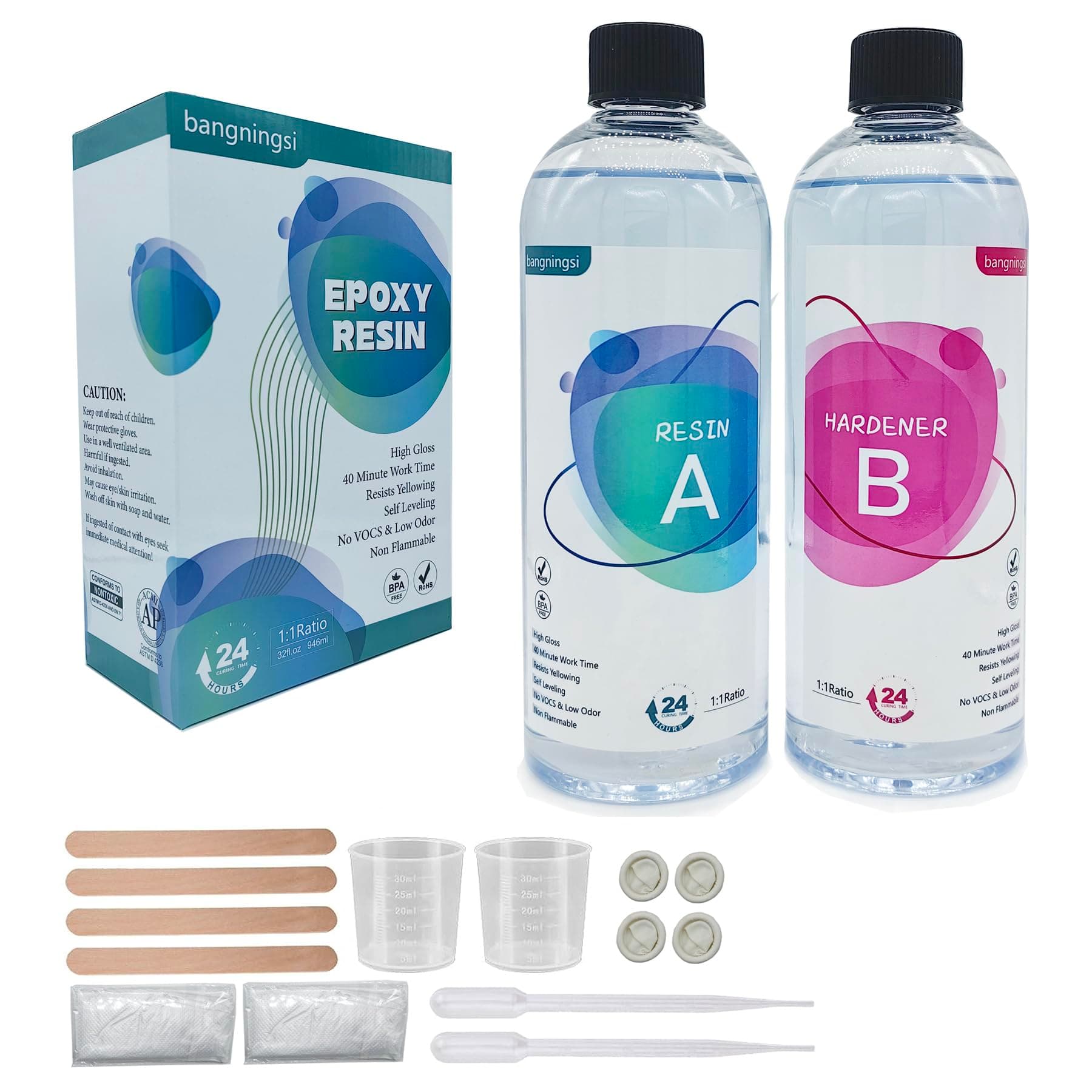 Premium Epoxy Resin,32OZ(946ml) High Gloss Fast Curing Epoxy Resin Kit Crystal Clear-Not Yellowing No Bubble Self Leveling Easy Mix 1:1 Casting & Coating for Jewelry Art Tabletop Countertop Wood Craft