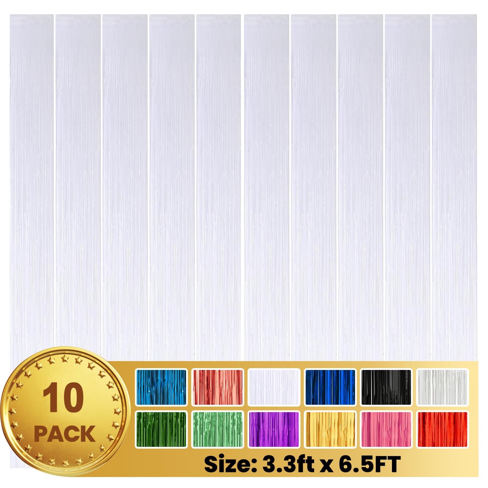PABUES 10 Pack 3.3 x 6.6 FT White Foil Fringe Backdrop Curtain, Streamer Backdrop Curtains, Streamers Birthday Party Decorations, Fringe Backdrop for Graduation, Baby Shower, Gender Reveal