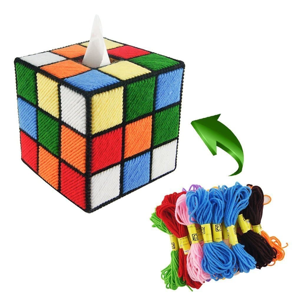 RAXSUN Handmade DIY Cross Stitch Rubik Cube Shape Tissue Box Cover for Home Office ,Car Automotive Decoration (Unfinished)