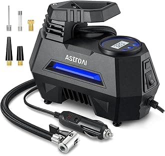 Tyre Inflator Air Compressor 12V DC, 35LPM 100W Powerful Portable Car Tyre Pump Auto-Stop with Digital Pressure Gauge, 4 Valve Adaptors and LED Light, Car Accessories