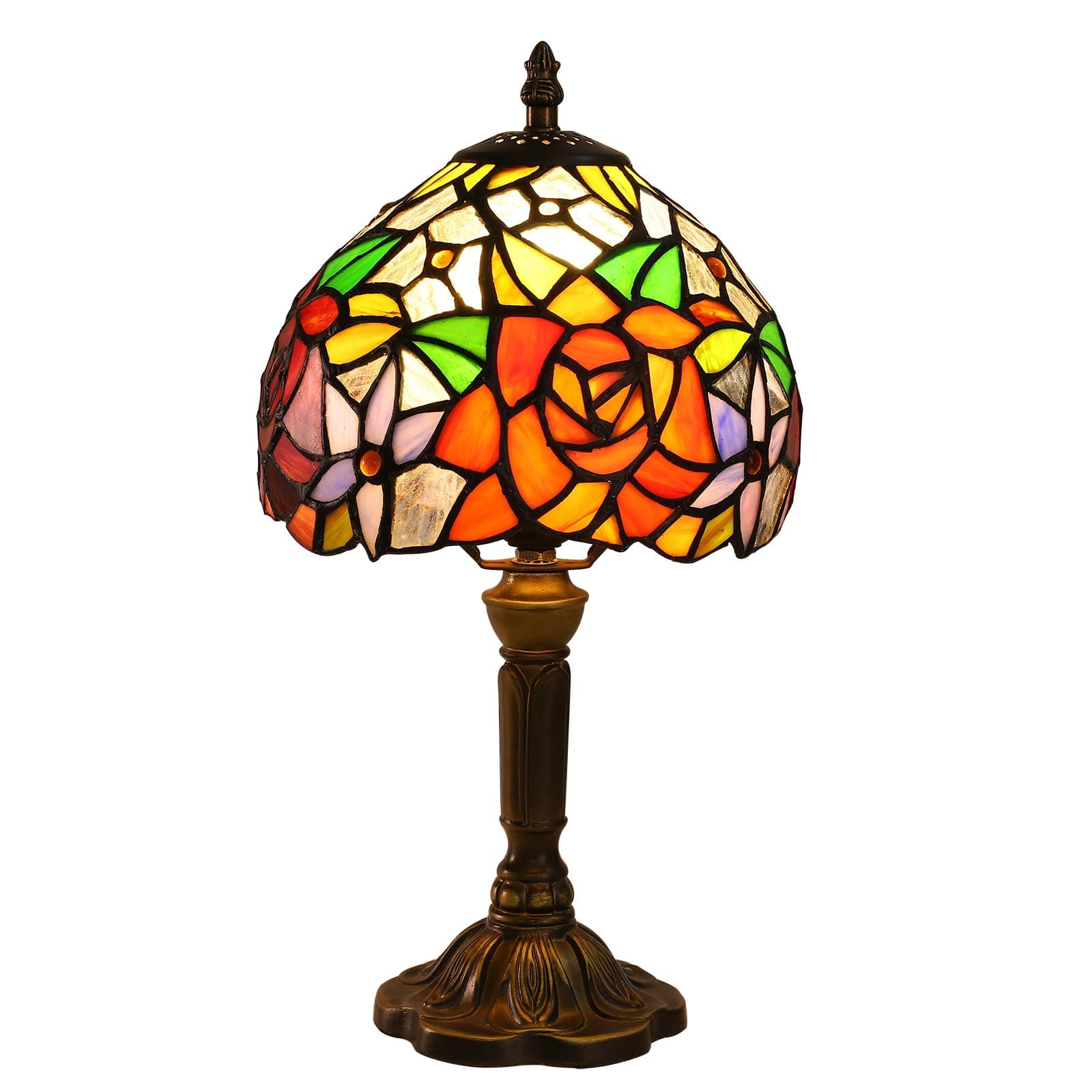 Rose Tiffany Small Table Lamp 3 Way Color Temperatures Stained Glass Bedside Nightstand Table Lamps for Living Room,Bedroom, Home Office Reading Desk Lamp+LED Bulb,8X8X15 Inch