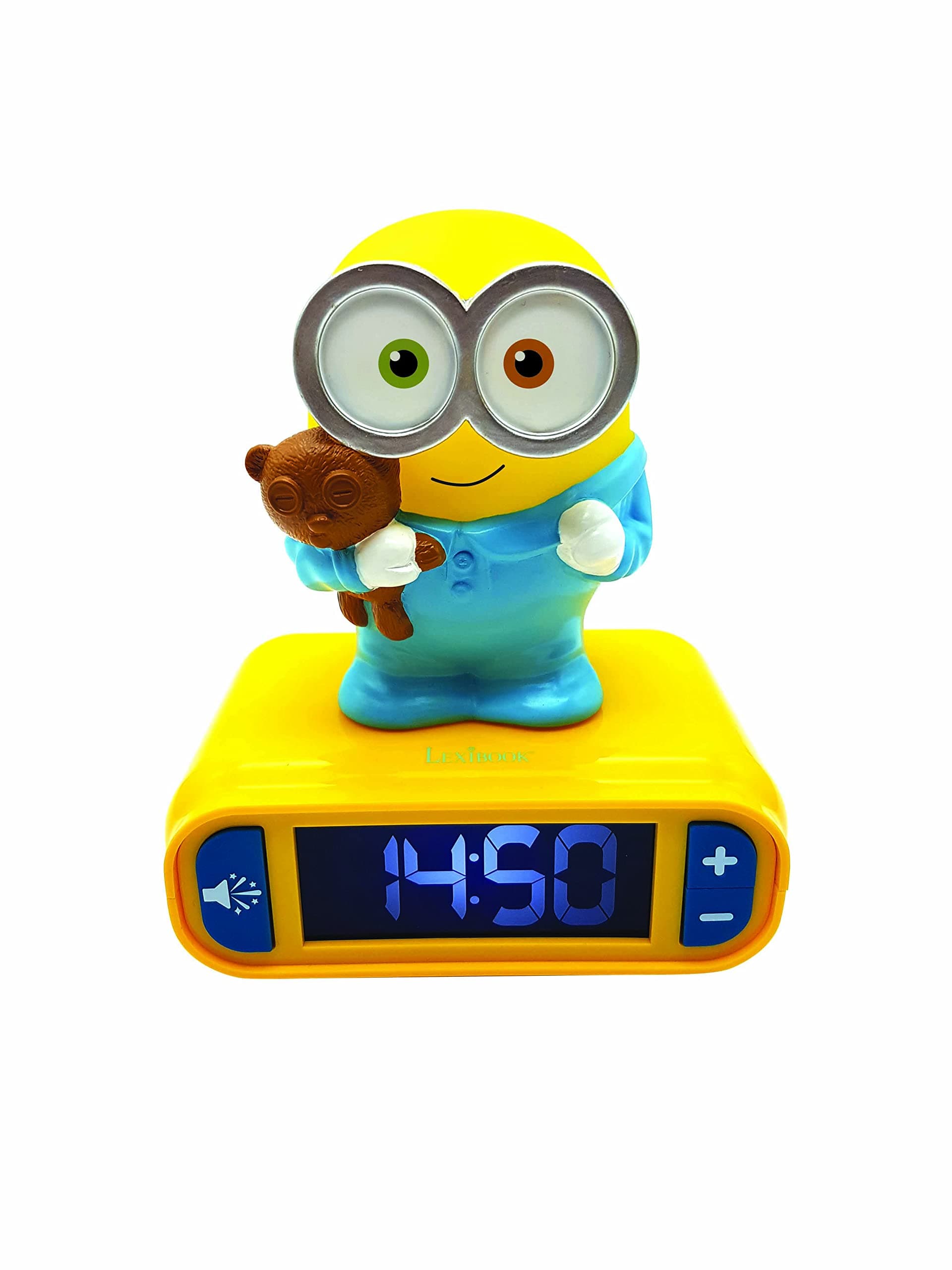 LEXIBOOK Digital Alarm Night Light-Snooze Function-Minions Sound Effects-Luminous Clock with Bob, Yellow/Blue