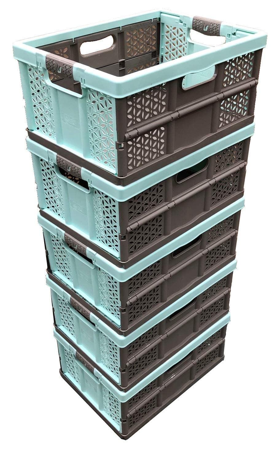 Pack of 5 x 32 Litre Extra Strong Folding Plastic Stacking Storage Crate - Blue/Brown