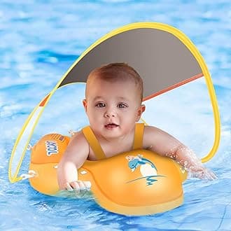Baby Pool Float with Canopy UPF50+ Sun Protection, no flip Over Inflatable Baby Float for Baby 3-36 Months, Skin Protect Toddler floaties for Boys and Girls