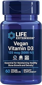 Life Extension Vegan Vitamin D3, 125 mcg (5000 IU), cholecalciferol from Algae, high-Potency Immune, Bone & Whole-Body Health, Gluten-Free, Non-GMO, 1 Daily, Vegan, 60 Vegan Capsules