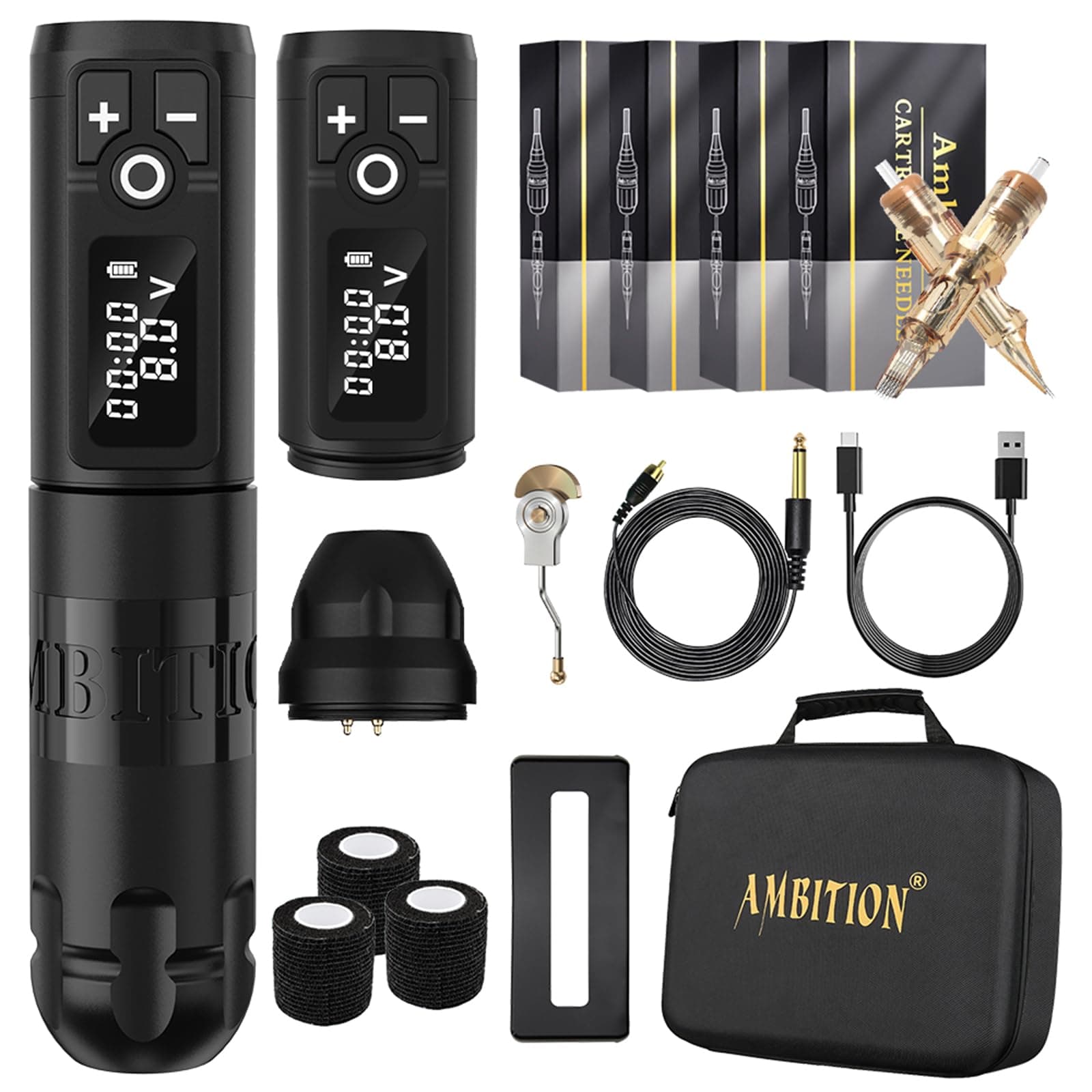 Ambition Soldier Wireless Tattoo Machine Kit Complete Rotary Coreless Motor Tattoo Pen Kit with Extra 2400mAh Battery 80pcs Premium Mixed Size Cartridge Needles Supply for Professional Tattoo Artist