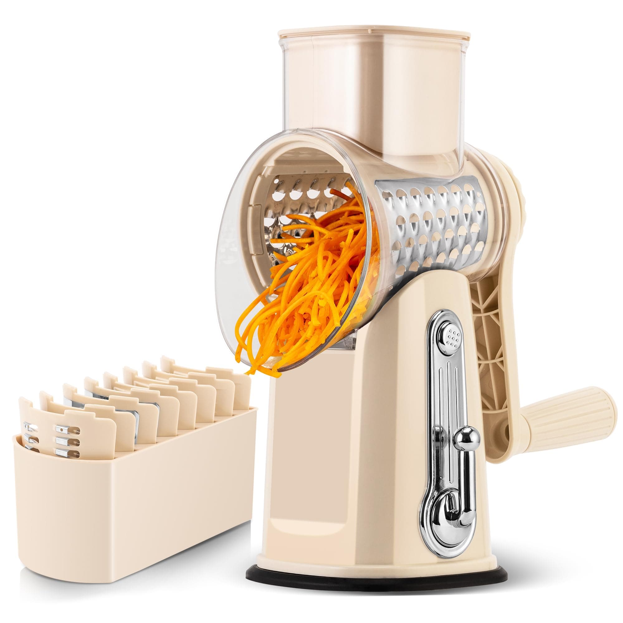 SUSTEAS Rotary Cheese Grater with Handle - Vegetable Shredder with 5 Well-designed Blades & Strong Suction Base,Round Mandoline Slicer & Food Chopper for Kitchen,with Blade Storage Box(Beige)