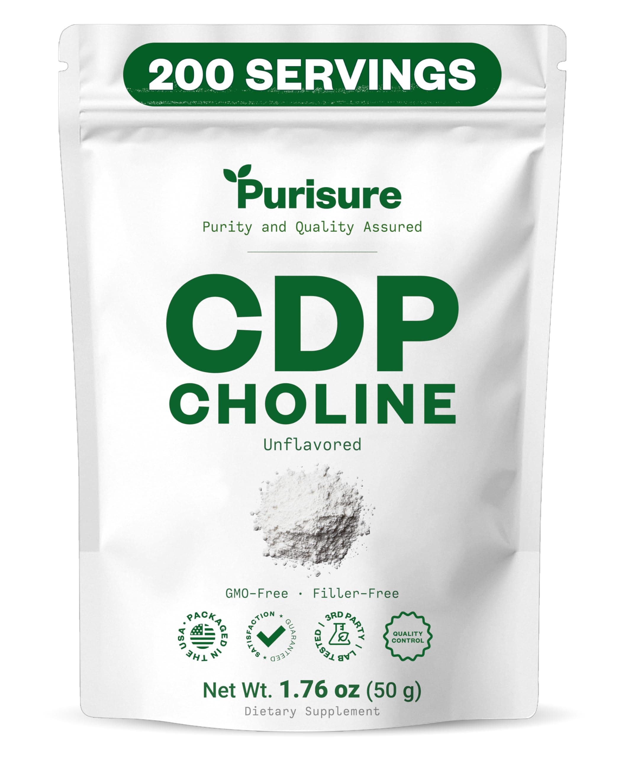 Purisure CDP Choline Powder, 50g, CDP Choline Supplements That Support Attention, Focus, and Energy, Citicoline Powder for Cognitive Function, Increases Motivation and Productivity, 200 Servings