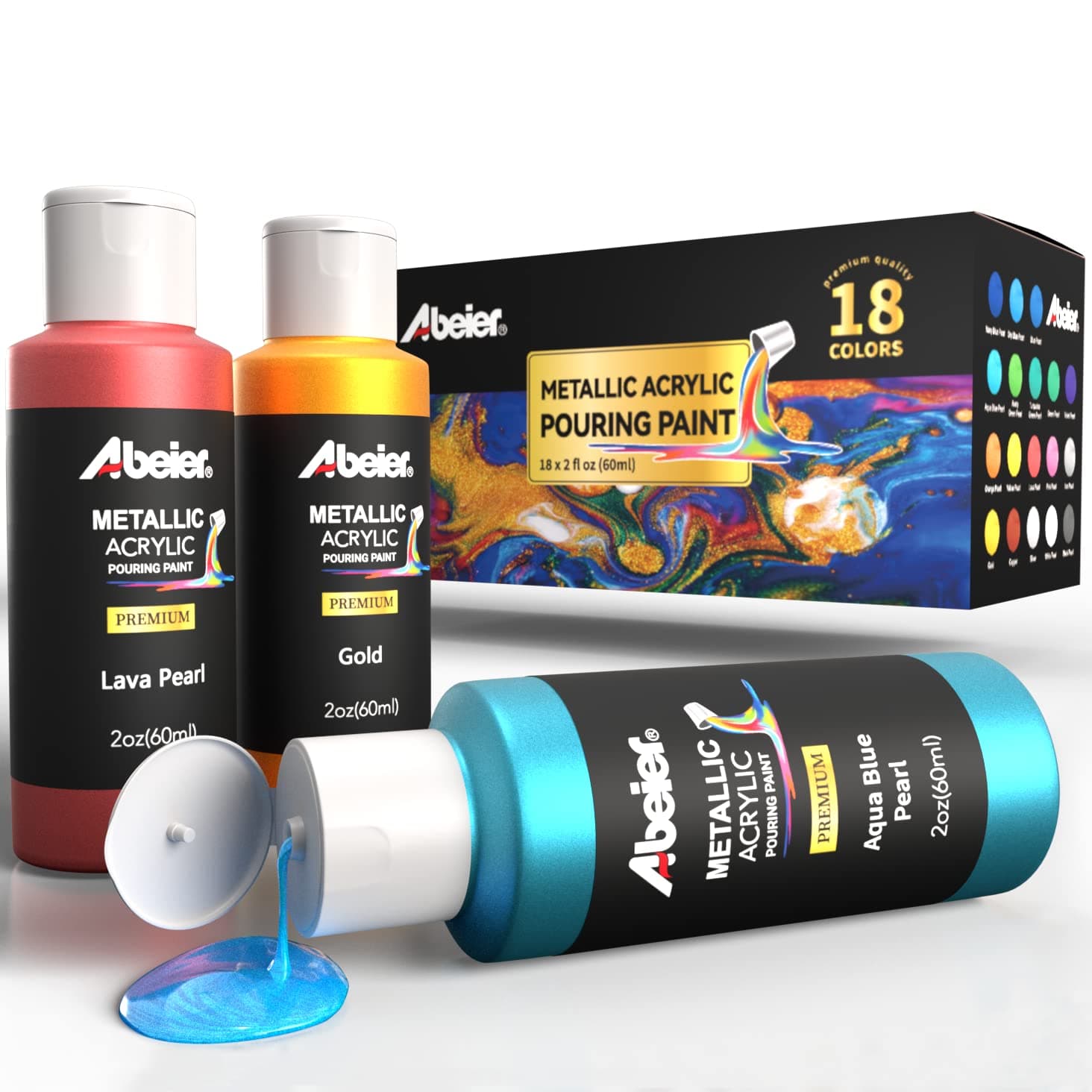 Metallic Acrylic Pouring Paint Set - Set of 18 Metallic Colors - Pre-Mixed High Flow & Ready to Pour - 2 oz./ 59 ml Bottles - Multi-purpose Paints for Canvas & Paper, Rocks, Wood and More
