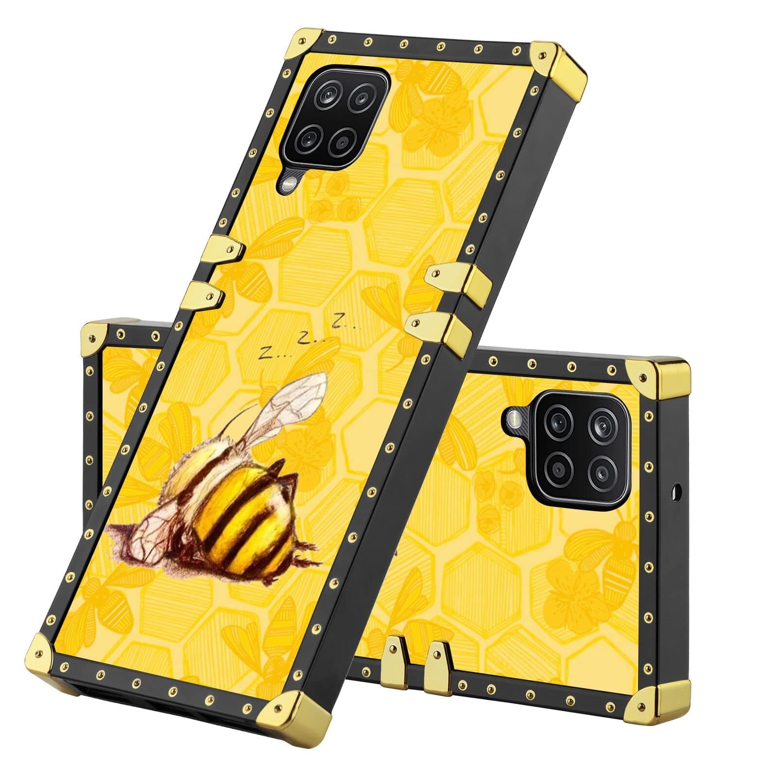 Square Edges Cell Phone Case Compatible with Galaxy A12 6.5 Inch with Lazy Bee Pattern Slim Luxury Golden Frame Protective Case for Samsung Galaxy A12