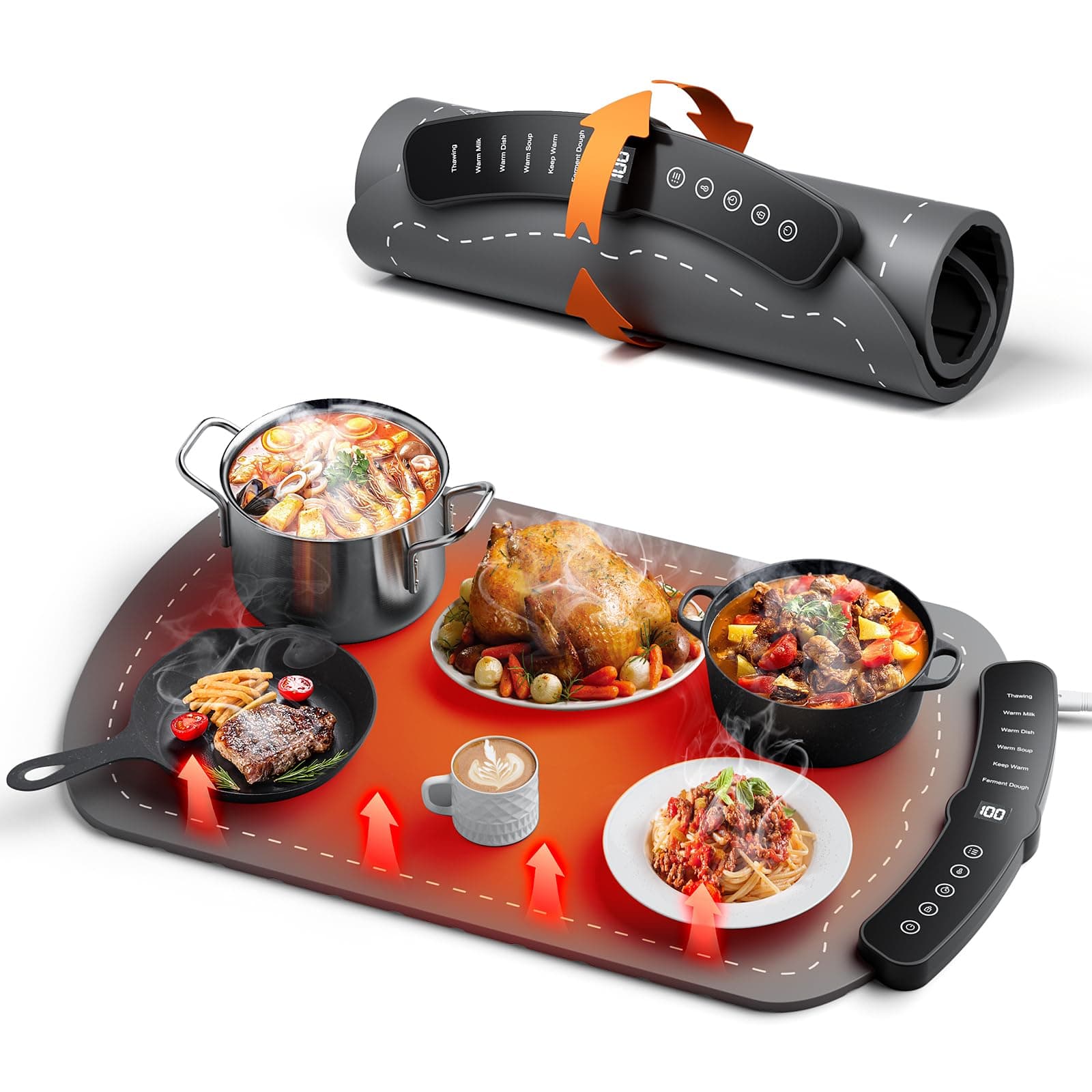 Warming Mat for Food, Fast Full Surface Graphene Electric Warming Tray, Foldable and Portable Food Warmer, 7 Temperature Settings and 1-4 Hour Adjustable Timer, for Parties, Gifts for Mom(Dark Grey)