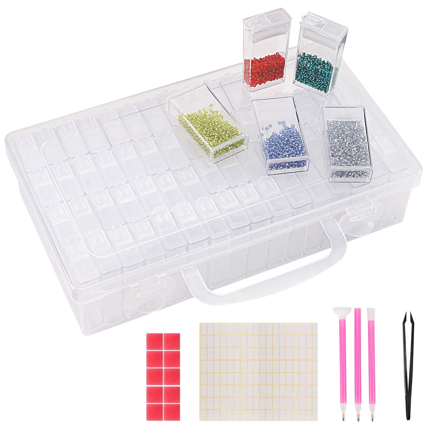 64 Grids Diamond Painting Drill Storage Container, Beads Organizer Storage Case with Label and 1Tweezers and 3 Diamond Stitch pens and 10 Glue Clay.