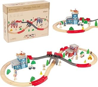 Wooden Train Set for Toddler - 60 Pcs- with Wooden Tracks fits Thomas, fits Brio, fits Chuggington, fits Melissa and Doug - Expandable, Changeable-Train Toy for 3 4 5 Years Old Girls & Boys