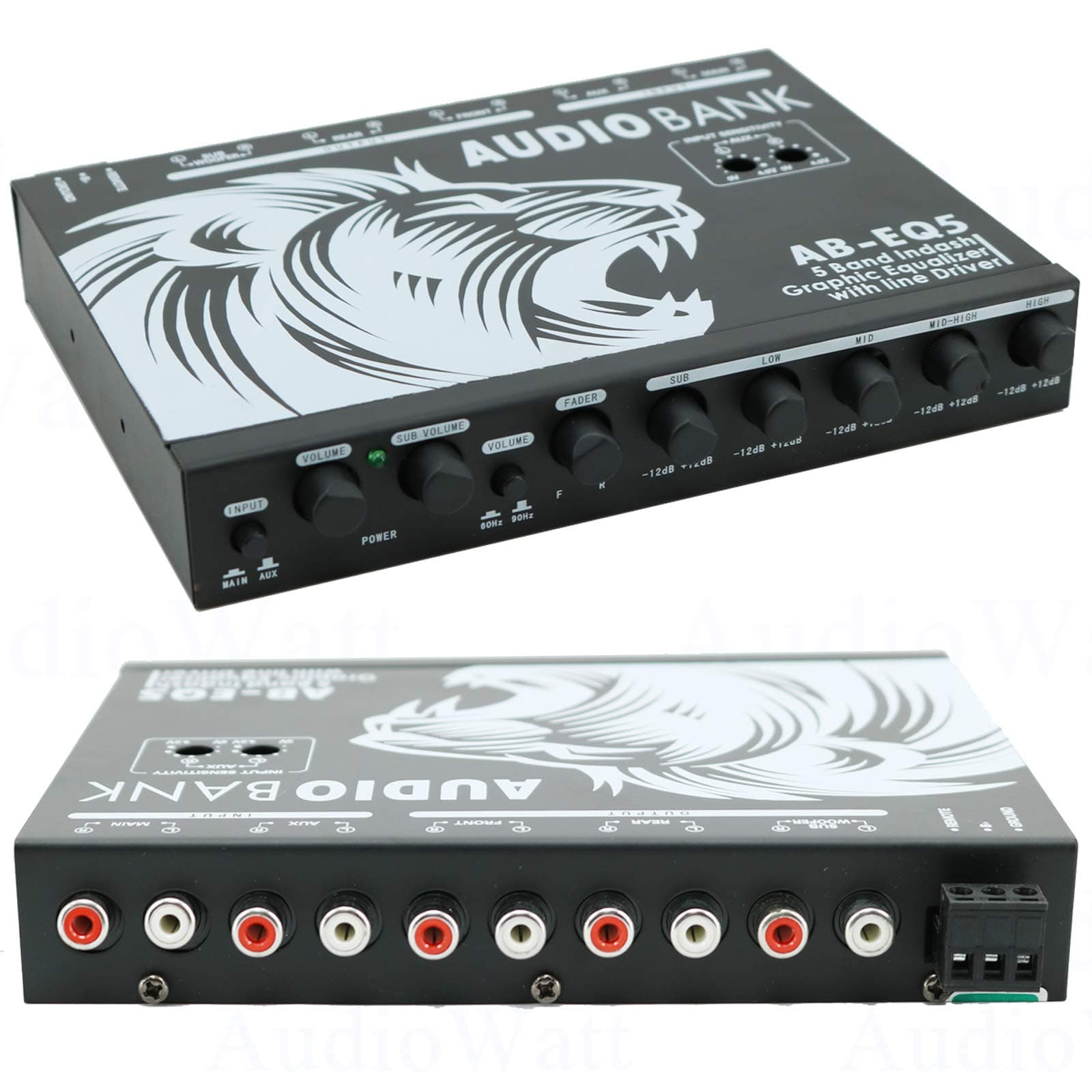 Audiobank 5 Band in-Dash Stereo Graphic Equalizer with Line Driver with Three Stereo RCA Outputs/Frequency Response: 10Hz to 50000Hz 1dB / Maximum Output Voltage AB-EQ05