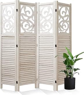 Room Divider Wood Carved Wall Divider Indoor Folding Portable Partition Screen for Home Office Garden Terrace - 4 Panel, 67 * 60inch (White)