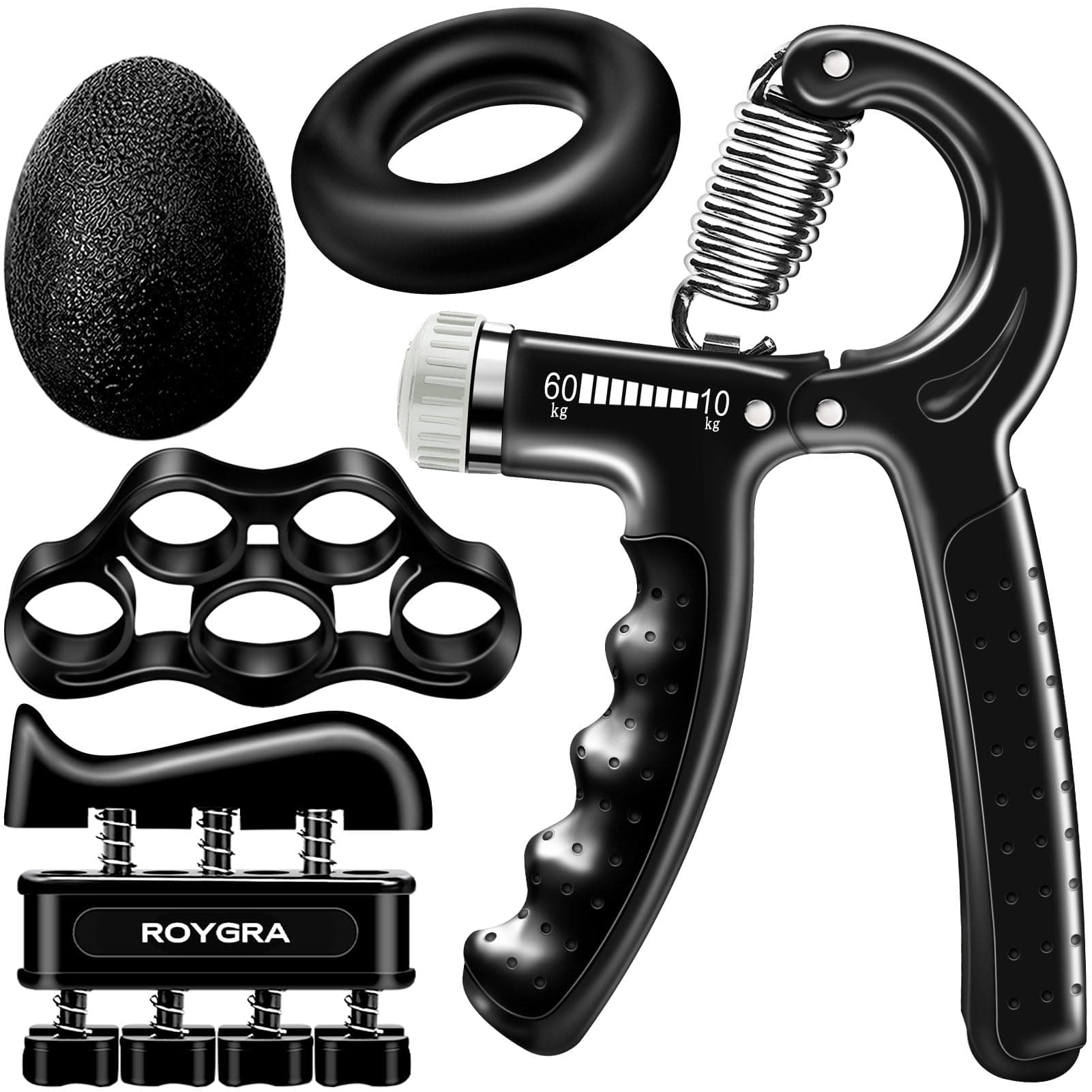 roygra Grip Strength Trainer, Forearm Workout, Hand & Finger Exerciser - 5 Pack