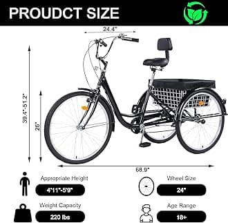 Adult Tricycle Bike 7 Speed, 24/26 Inch 3 Wheel Bikes Tricycle for Adults, Adult Trike for Women/Men/Seniors, Cruiser Bike w/Rear Basket for Shopping/Recreation/Picnic