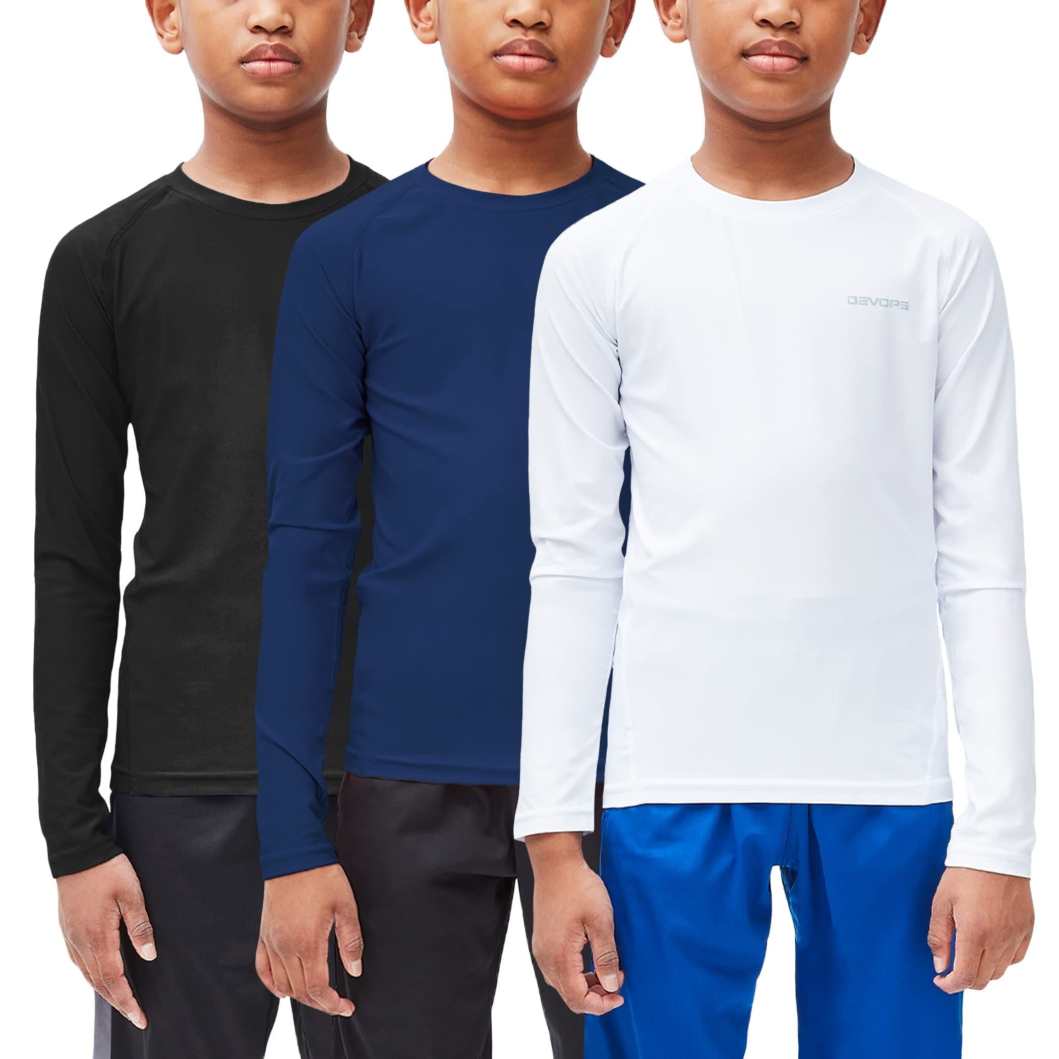 Youth Boys 2 or 3 Pack Compression Athletic Performance Baselayer Long Sleeve Shirts