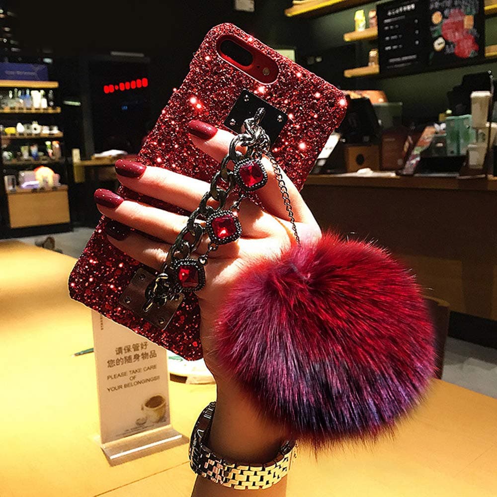 BABEMALL for iPhone Xs MAX 6.5 inch Phone Case, Luxury Stylish DIY Handmade Bling Diamond Fur Plush Ball Strap Chain Cover Shell (Red Ball)