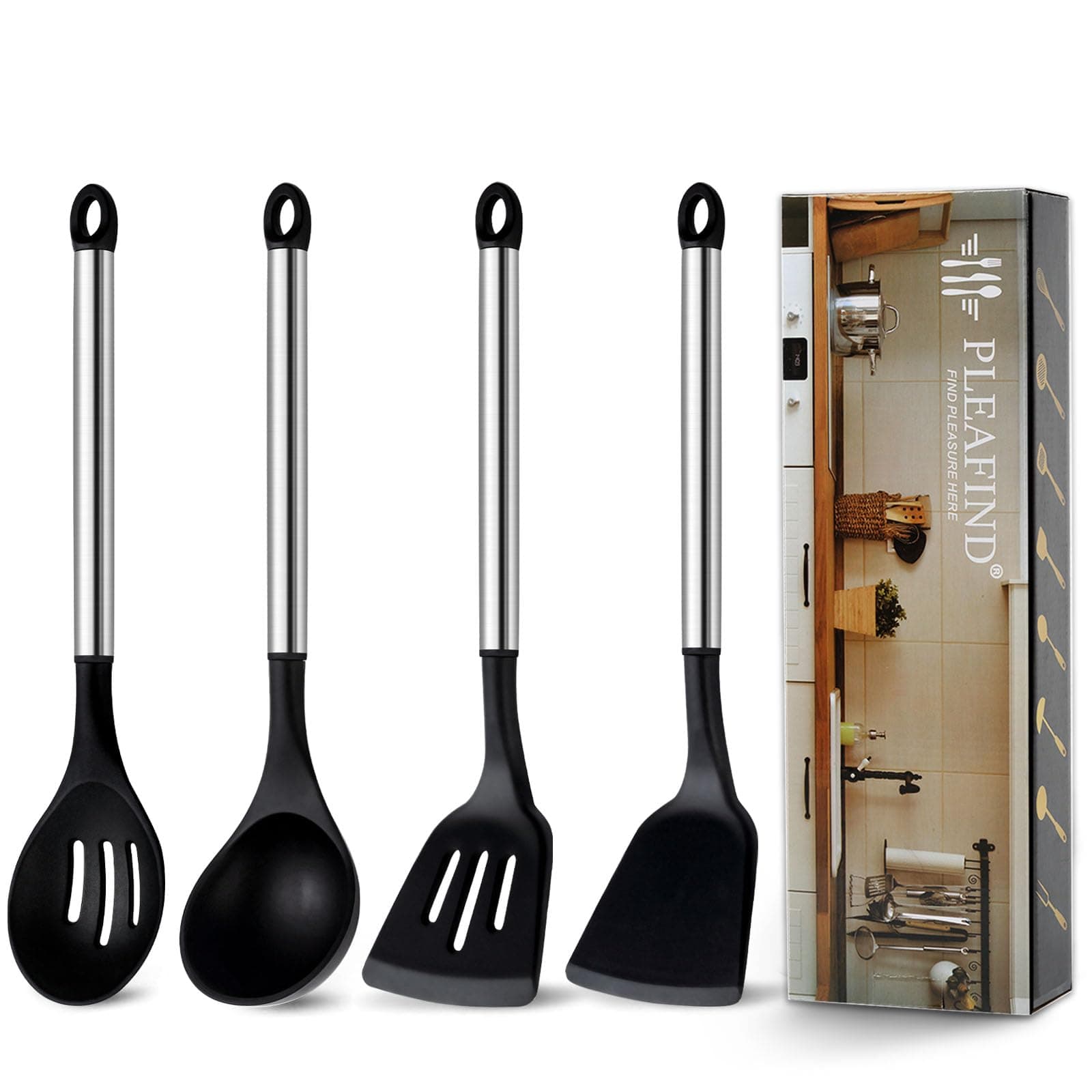 4-Pcs Silicone Cooking Utensils Set, Wok Utensils Set Include Wok Ladle, Slotted Spoon, Solid Spatula and Slotted Spatula, Silicone and Stainless Steel Kitchen Utensils, Dishwasher Safe