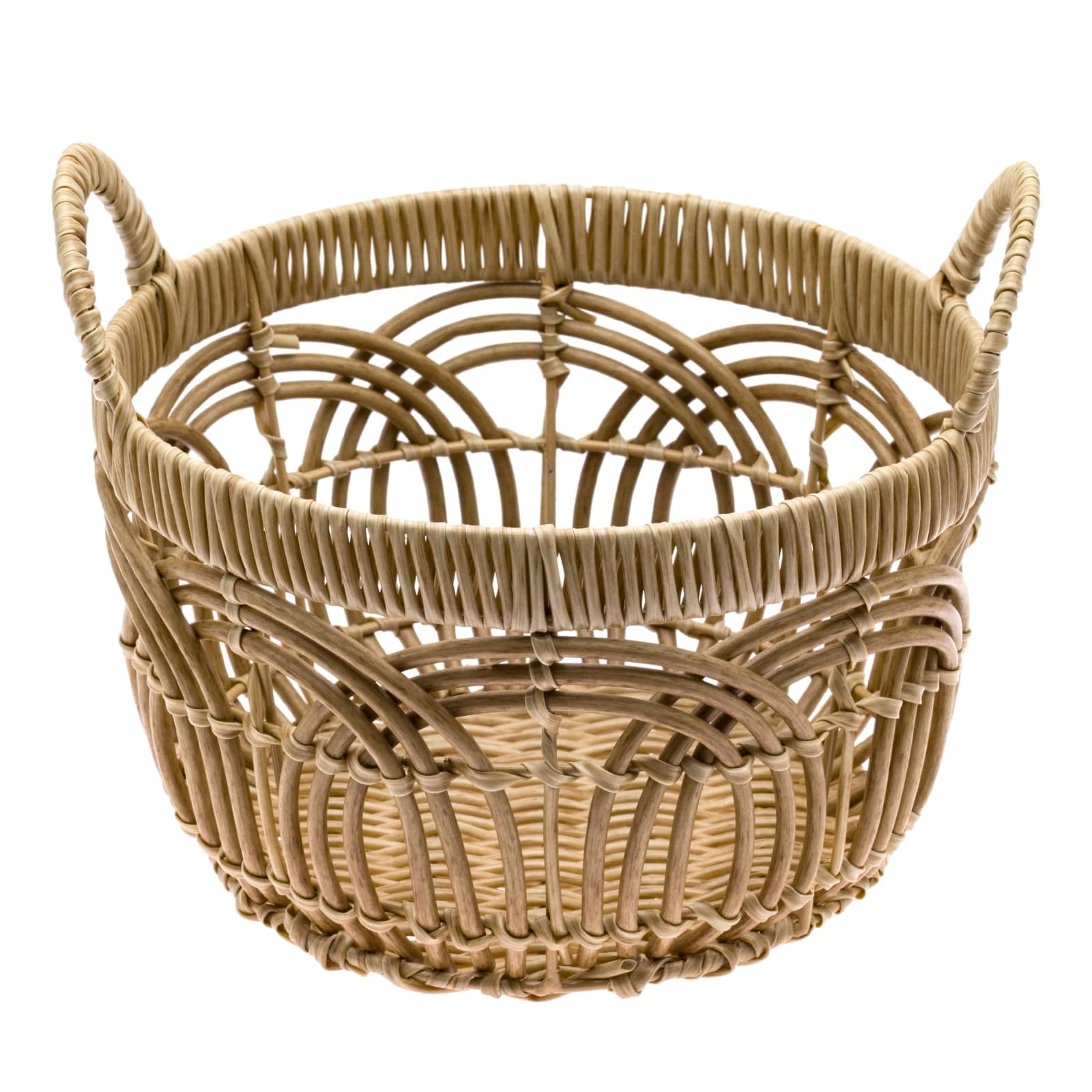 Handmade Woven Round Plastic Basket with Handle - Home Organizing, Storage Baskets, Shelf Basket, Cloth Storage, Toy Storage, Decorative Storage (Medium)