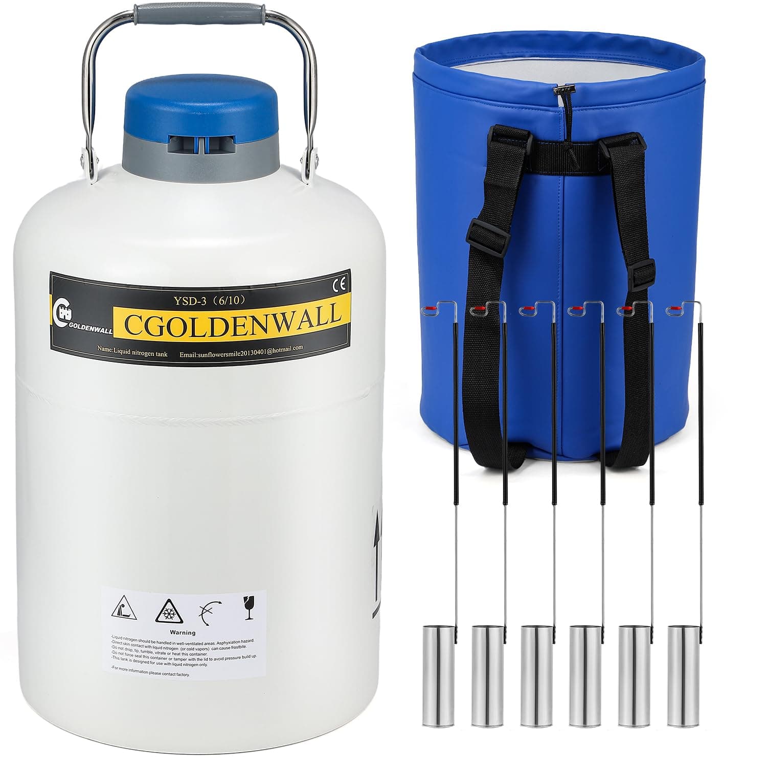10L Cryogenic Container Liquid Nitrogen LN2 Tank Dewar Liquid nitrogen dewar Aluminum Alloy with 6 Canisters and Carry Bag (10L)