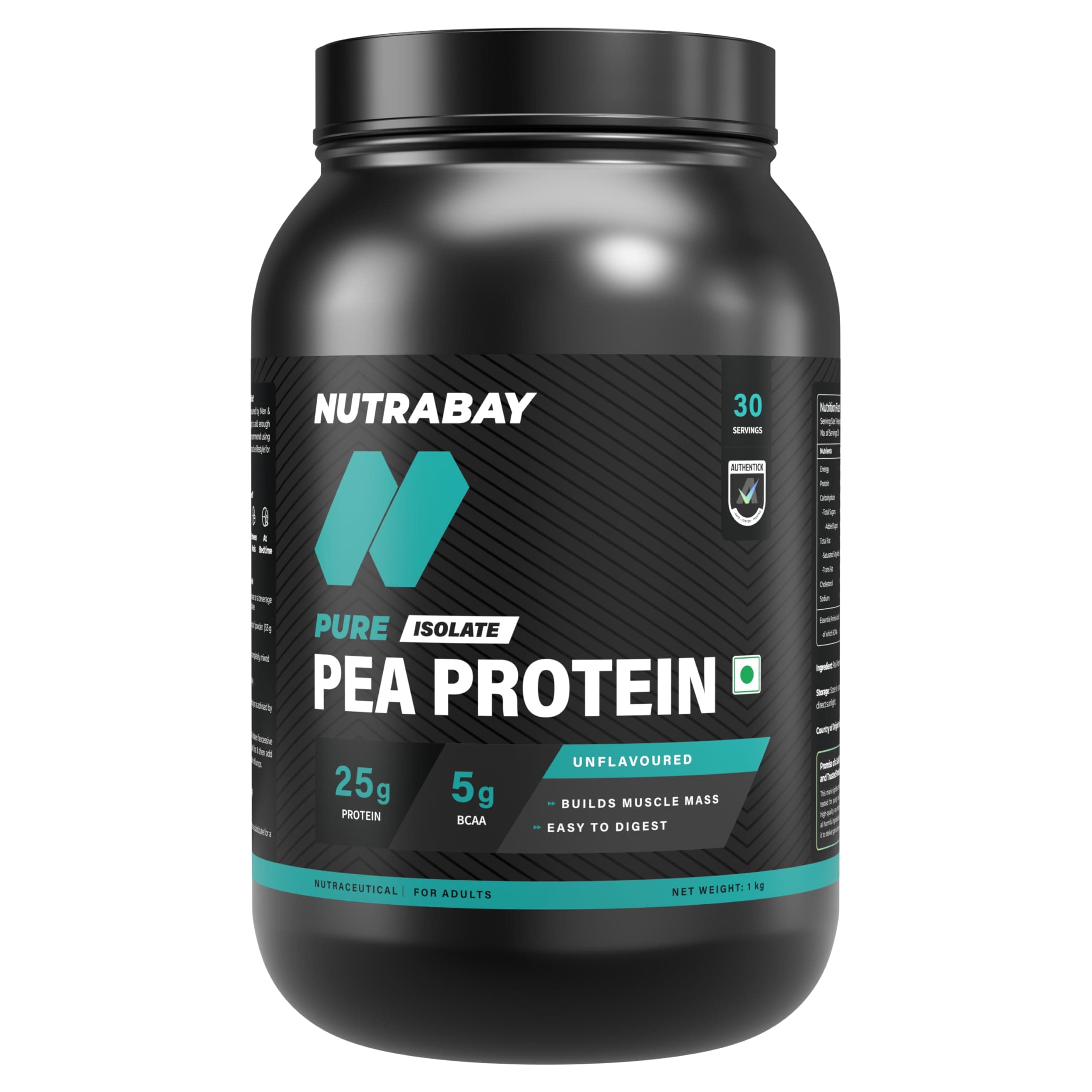Pure Pea Protein Isolate - 25.3g Protein, 5g BCAA, Designed for Meal Supplementation, Easy to Digest Plant Protein for Muscle Growth & Recovery - 1 Kg Unflavoured, 30 Servings