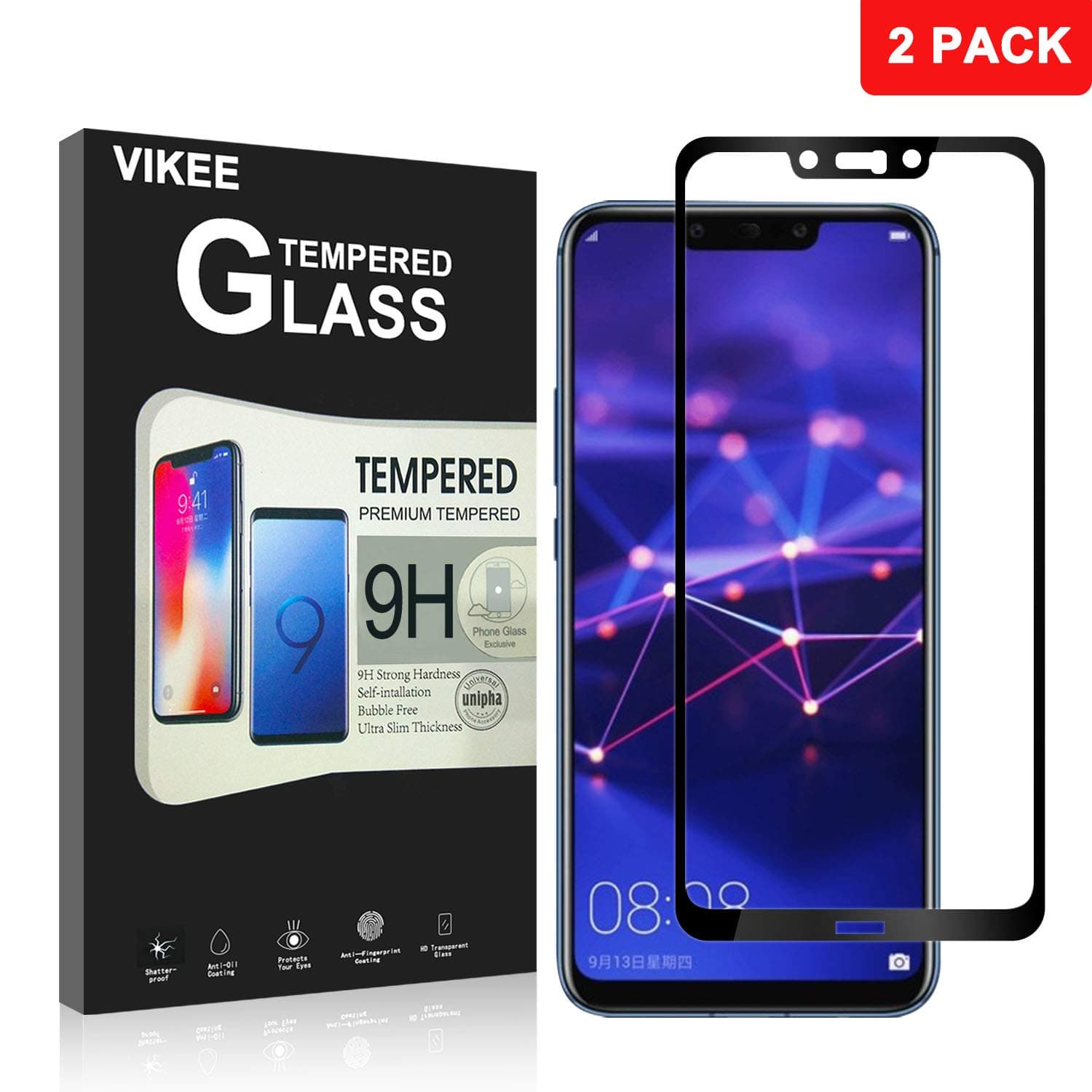 [2 Pack] Huawei Mate 20 Lite Screen Protector, VIKEE HD Clear [Anti-Fingerprint][Bubble-Free][Easy to Install] 9H Hardness Tempered Glass Screen Protector Film for Huawei Mate 20 Lite【Black】