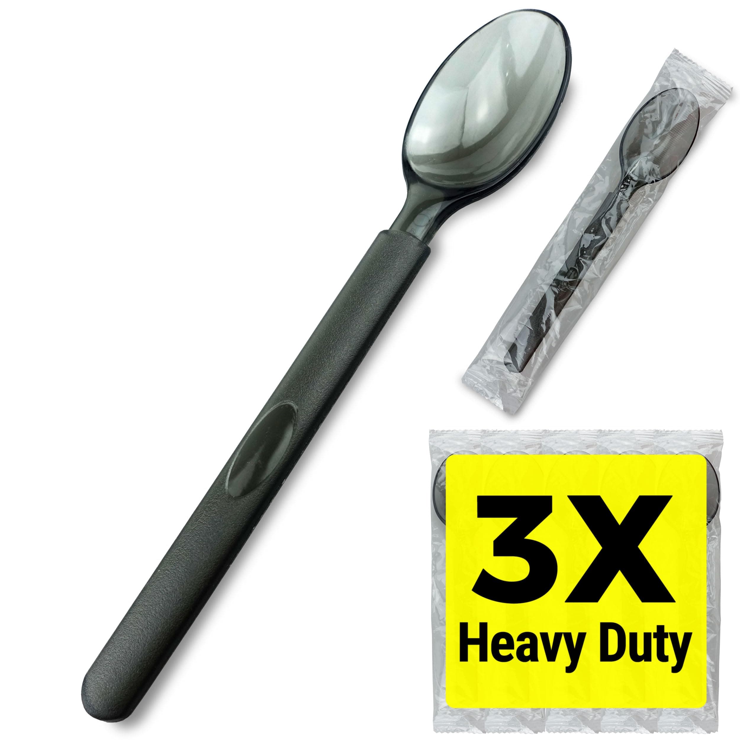 3X Heavy Duty Plastic Spoons Individually Wrapped, Sturdy Like Silverware, 100 Pack Black Disposable Spoons Bulk, Packaged To-Go Utensil Set, Perfect for Event Catering, Restaurant and Take Out.