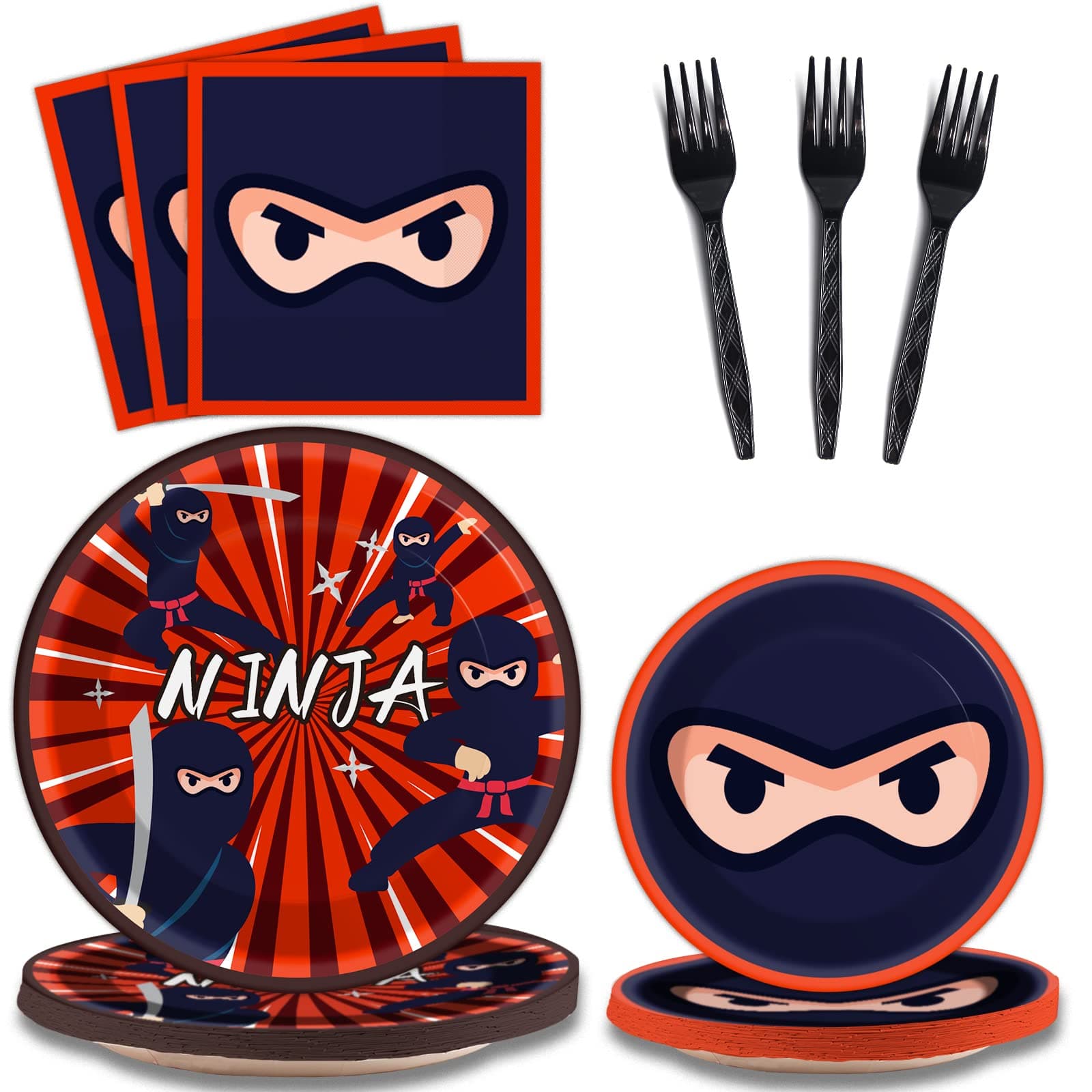 96 Pcs Party Decorations Supplies Ninja Master Tableware Set Karate Theme Party Dessert Plates Napkins Forks for Ninja Warrior Birthday Party 24 Guests