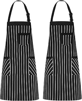 NLUS 2 Pack Cooking Aprons for Women with Pockets Adjustable Kitchen Bib Aprons for Women Men Chef, Black/White Stripe (Black/White Stripes)