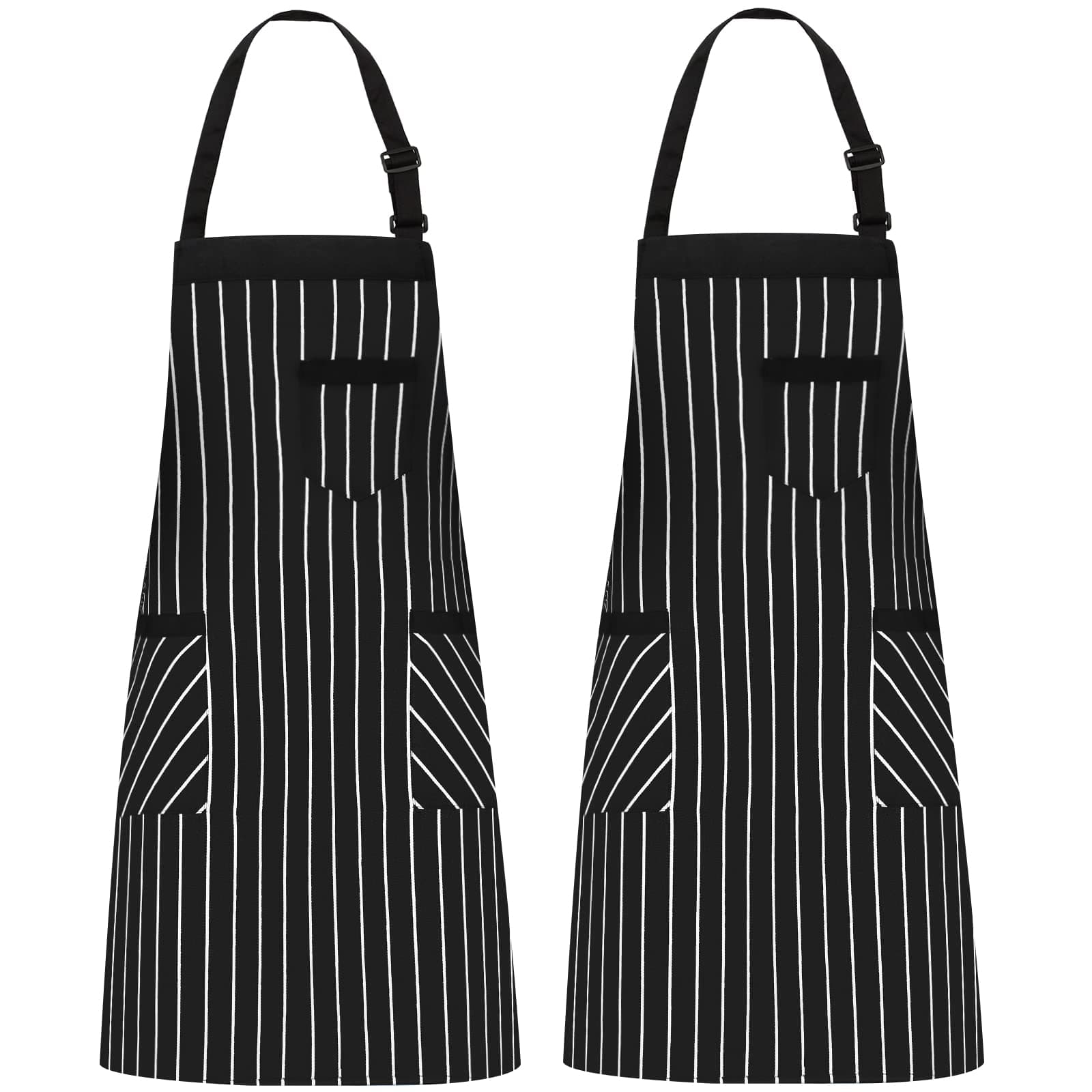 NLUS 2 Pack Cooking Aprons for Women with Pockets Adjustable Kitchen Bib Aprons for Women Men Chef, Black/White Stripe (Black/White Stripes)