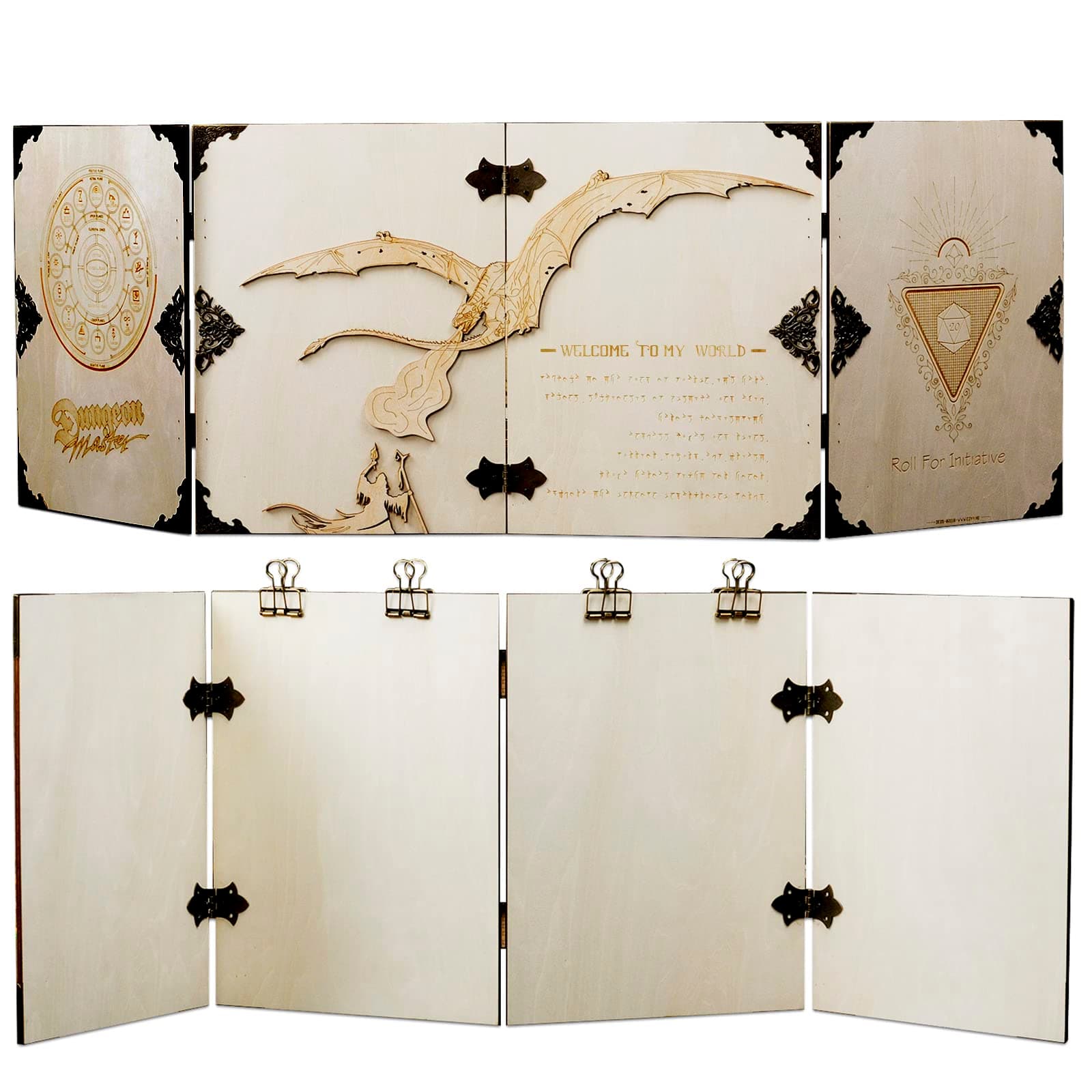 Dungeon Master's Screen 4-Panel Wood Laser Carved DM Screen with Felt Case - D&D, Tabletop RPG Accessories for Game Master