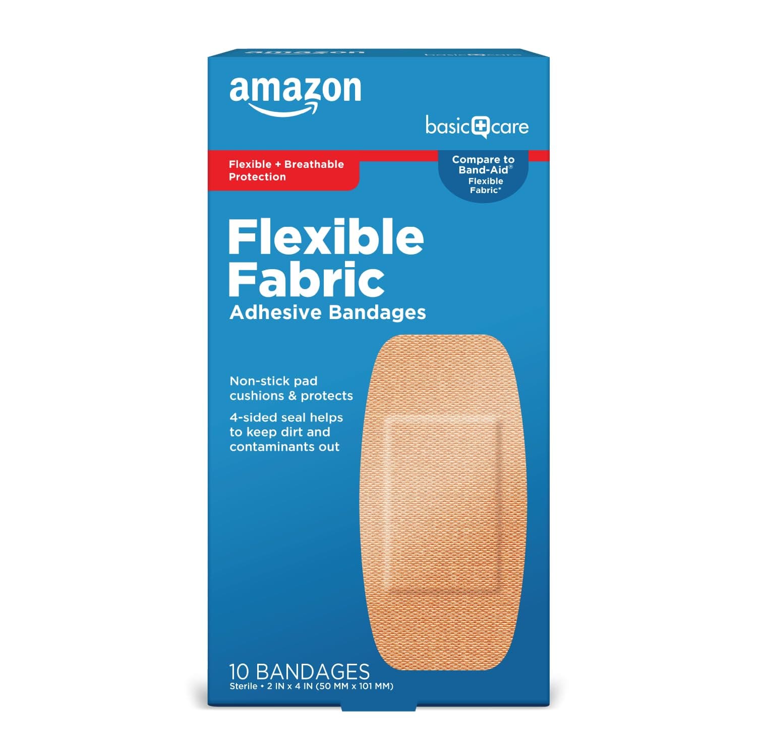 Amazon Basic Care Flexible Fabric Adhesive Bandages, XL (2 in x 4 in), Non-Stick Pad for Cuts & Scrapes, 4-Sided Seal, 10 Count