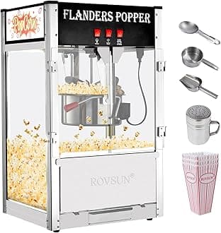 - ROVSUN Popcorn Machine with 16 Ounce Kettle ETL Certified, Vintage Popcorn Maker Commercial Popcorn Machine Countertop w/Stainless Steel Scoop, Oil Spoon & 3 Popcorn Cups for Home Movie Theater, Black