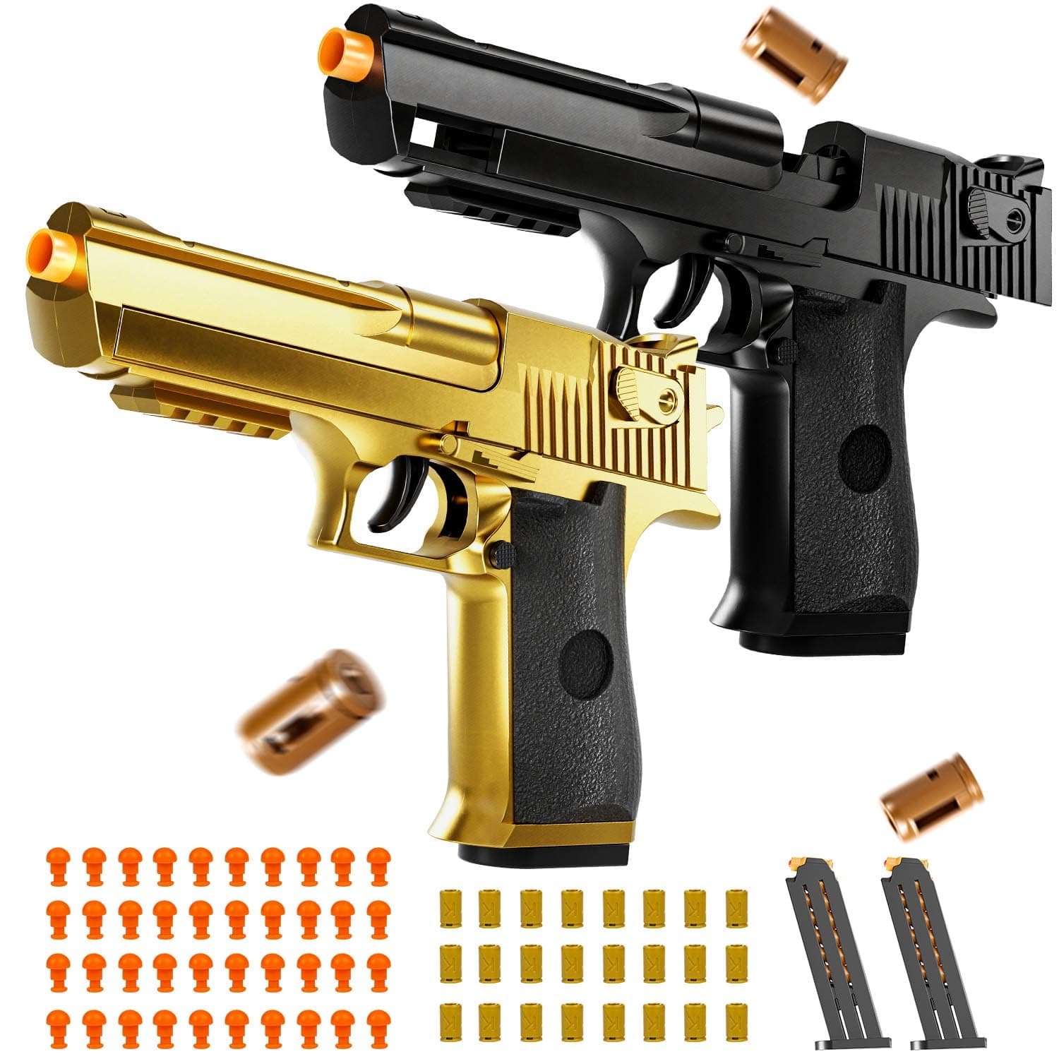 2 Pack Shell Ejecting Toy Gun - Semi-Automatic Handgun with Shell Ejection and Auto Rebound, Toy Foam Blasters & Stress Reducing Toys for Boys Girls Halloween Christmas Birthday Gifts (Black+Gold)