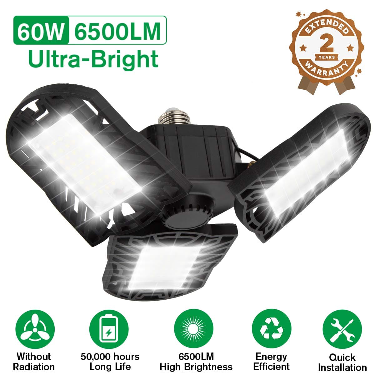 LED Garage Lights,60W LED Garage Ceiling Lights Deformable Garage Light with 3 Panels Adjustable 6500LM White E26 LED Shop Light Tribright LED Lights for Garage Basement Barn Workshop Warehouse Barn