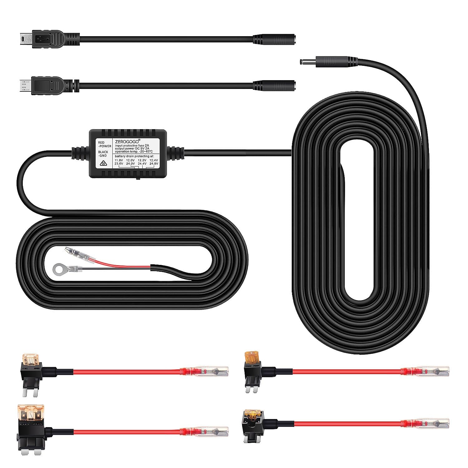 Dash Cam Hardwire Kit Mini USB and Micro USB, 15ft 12V-24V to 5V Dash Cam Cable, Parking Monitor and Low Voltage Protection Dash Cam Power Cord