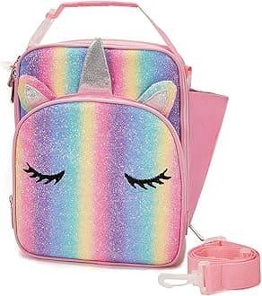 VASCHY Unicorn Lunch Box Bag for Kids, Insulated Reusable Glittery Lunchbox for Girls with Detachable Shoulder Strap for School Sparkle Unicorn