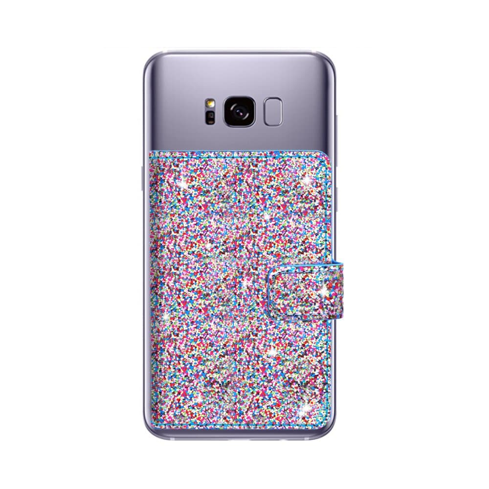 2-Pack Universal Flip Card Holder, CASZONE Sequin Glitter Wallet Case [3M Adhesive] Stick On Slim Credit Card ID Card Slots for Apple/Android - Multi-Colored Glitter