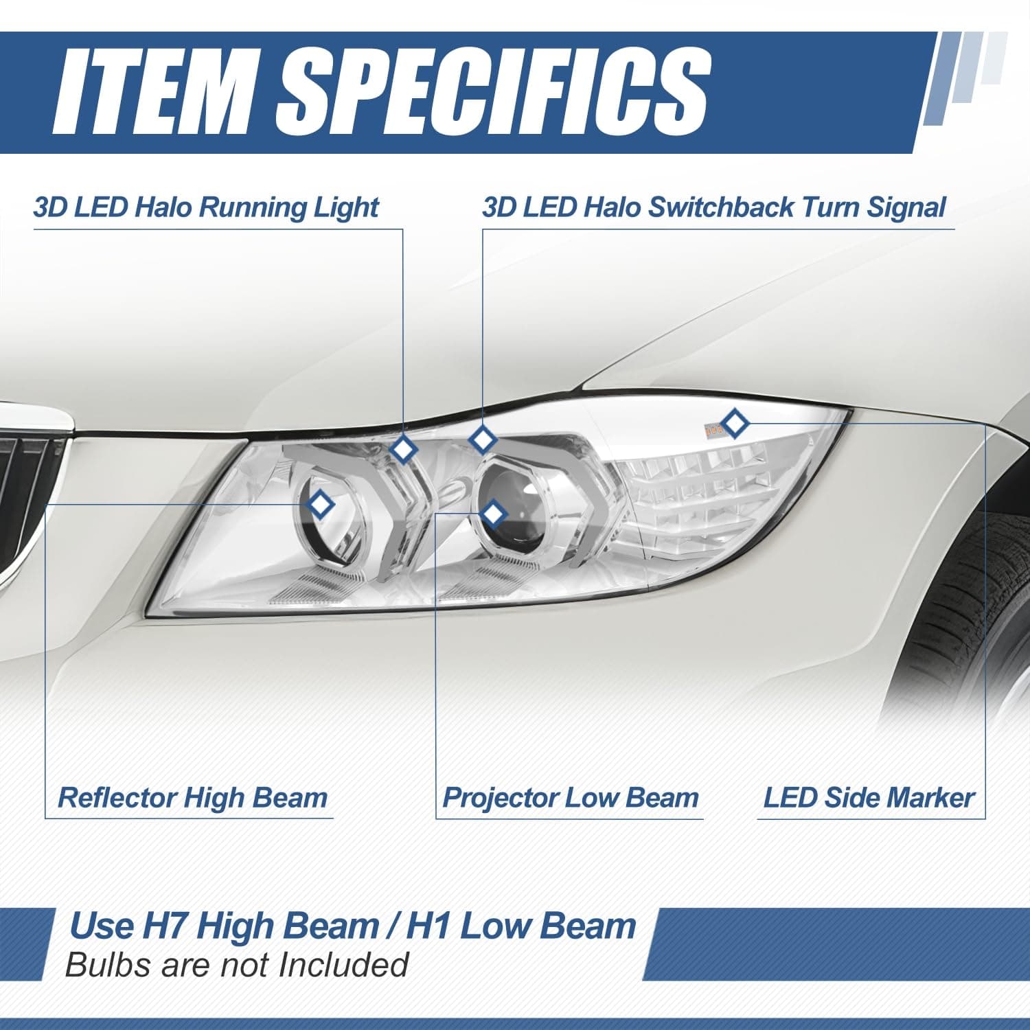 Auto Dynasty LED DRL Headlights Assembly Compatible with 2009-2012 BMW E90 320i 323i 325i 335i 335d 4-Dr Sedan, Driver and Passenger Side, 3D Switchback LED Daytime Running Light Bar, Chrome Housing