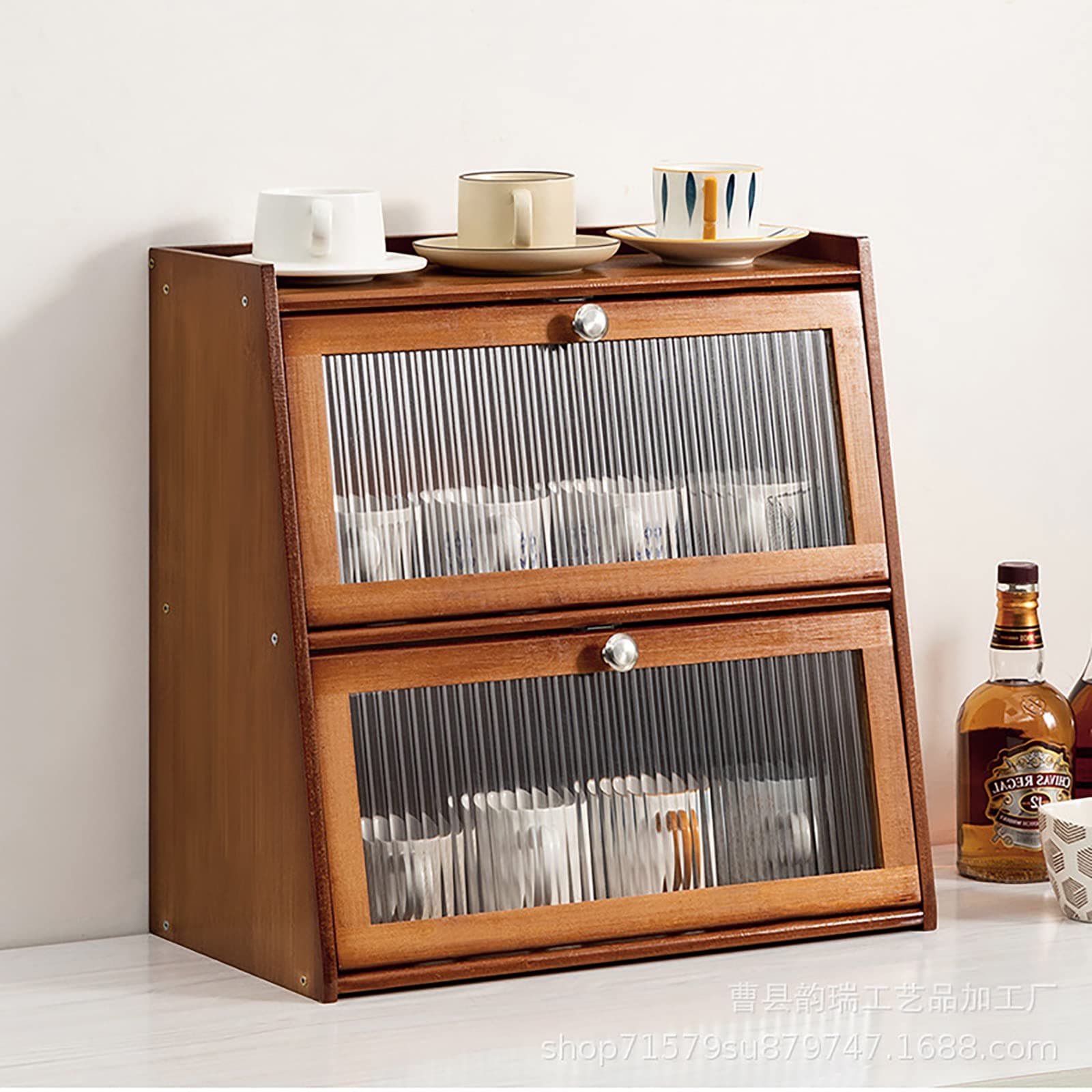 Double Deck Tea and Coffee Storage Organizer With Acrylic Cabinet Door - Bulk Bar Storage for Tea Bags, Capsules - Countertop Station Box and Accessories Organizer
