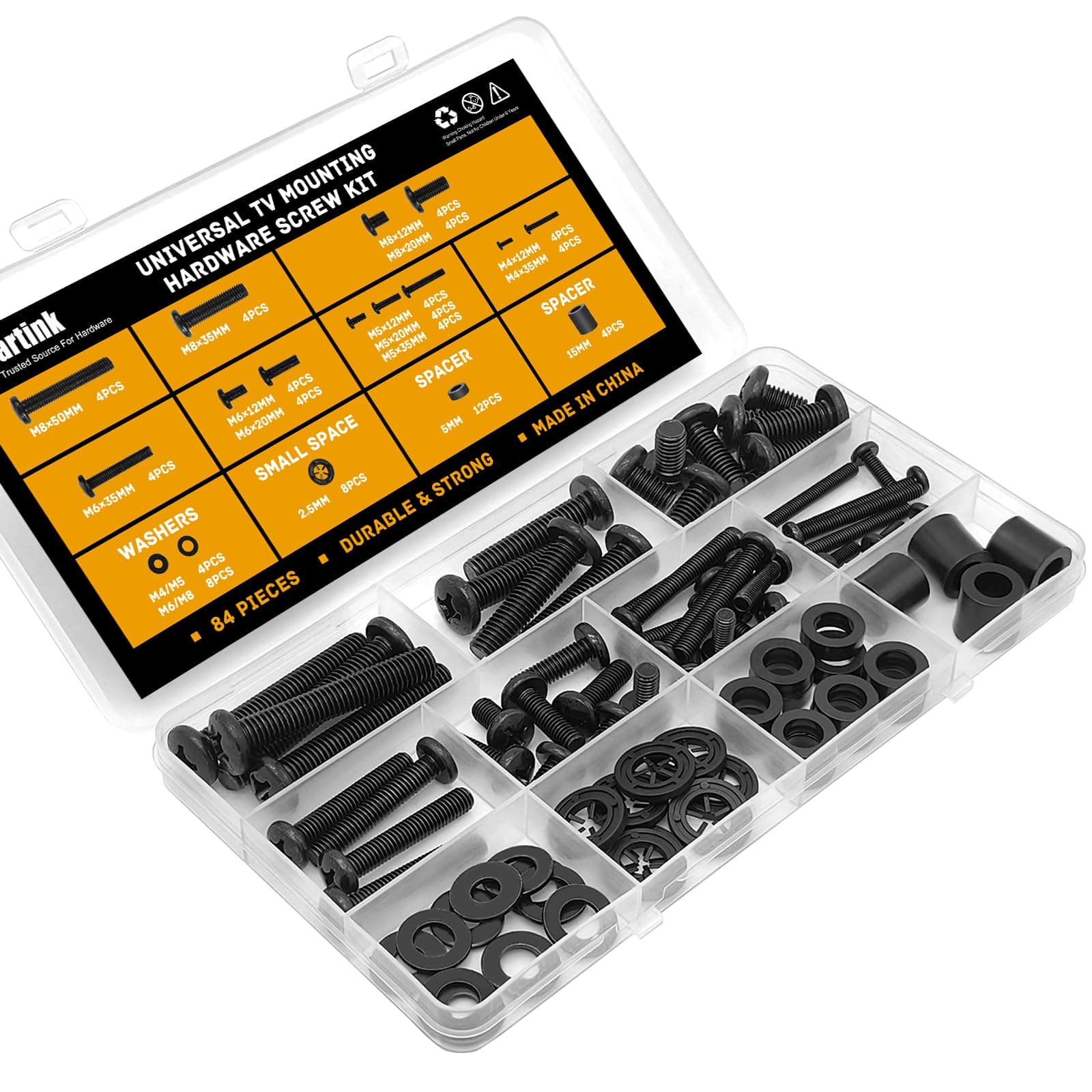 Universal TV Mounting Screws Hardware Kit with Box, Includes M4 M5 M6 M8 Screws, Washers, and Spacers, Compatible with Any TV Wall Mount/Display Up to 80 Inches (Black)