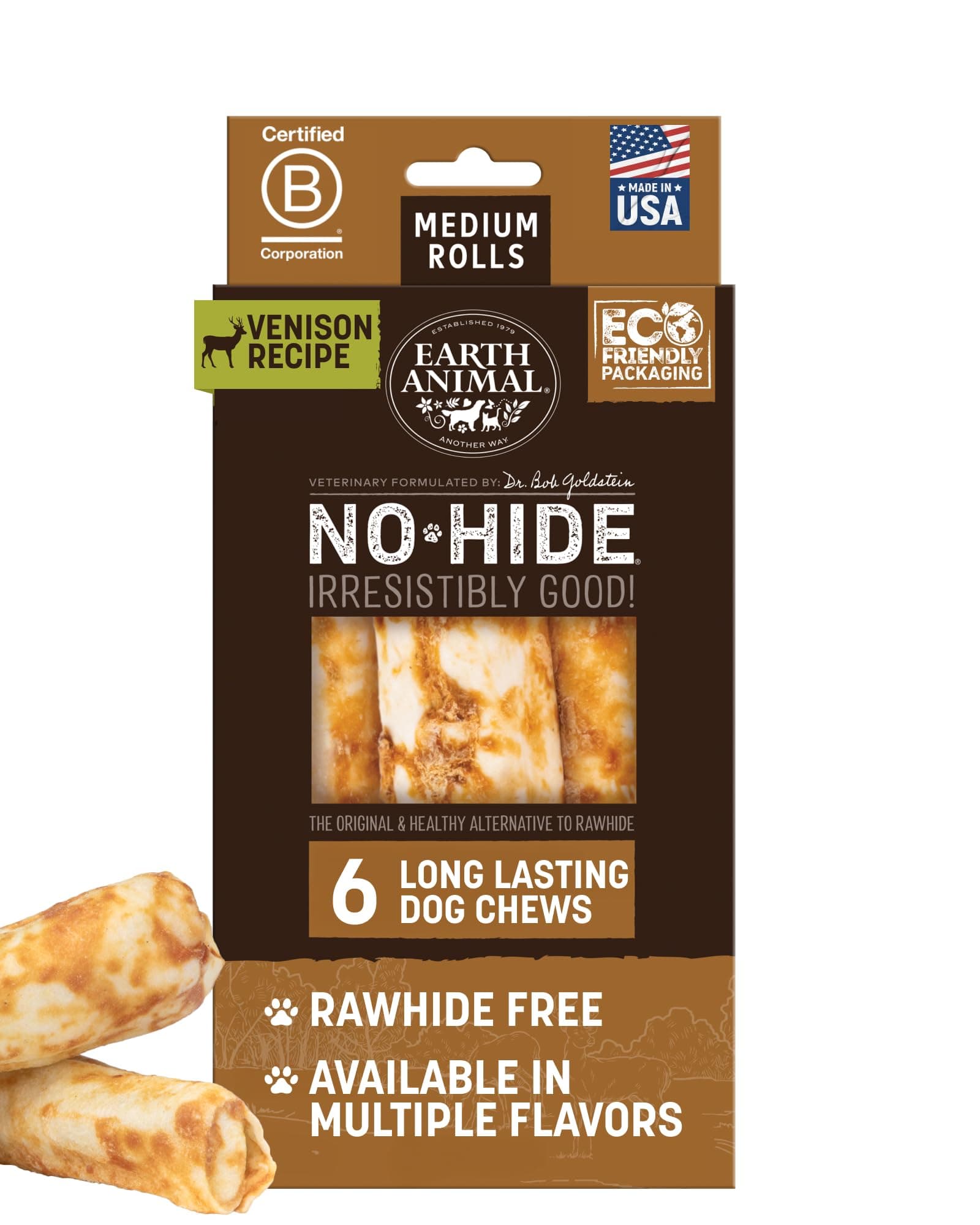 No Hide Chews - Long Lasting Rawhide Free Medium Dog Chews Rolls, Venison - 6 Count