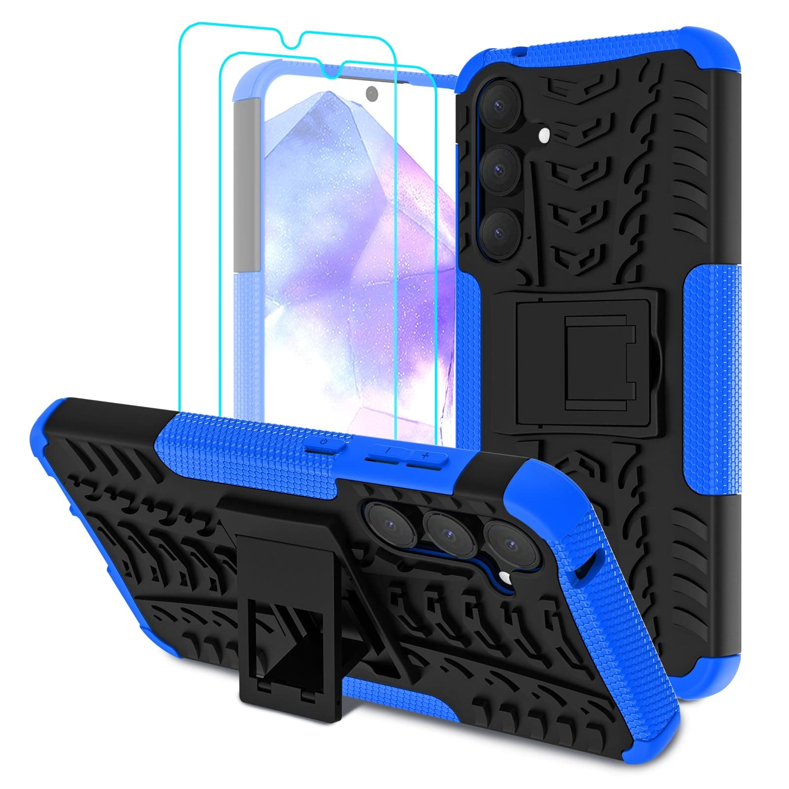for Samsung Galaxy A55 5G Case with 2 Pack Screen Protector, Dual Layer Military Grade Shockproof, Heavy Duty Robust Bumper Cover with Kickstand for Galaxy A55 5G Case, Blue